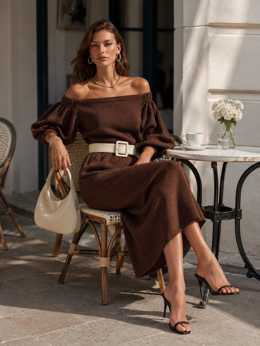 Brown Off-the-shoulder Knit Dress With Lantern Sleeves