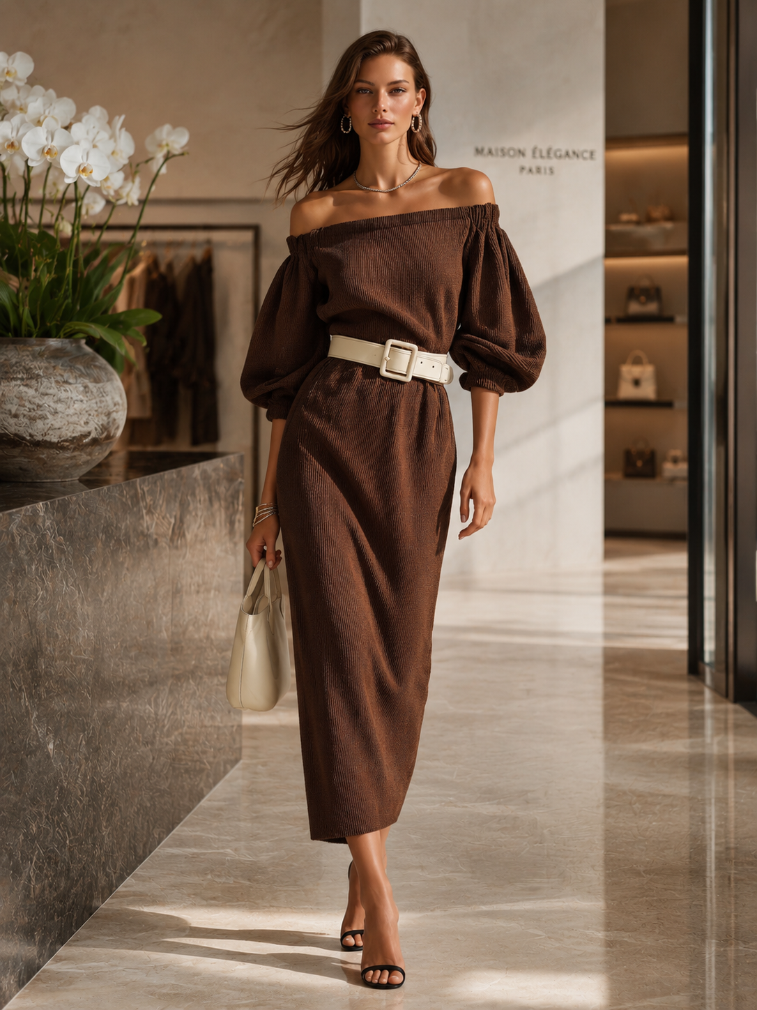 Brown Off-the-shoulder Knit Dress With Lantern Sleeves