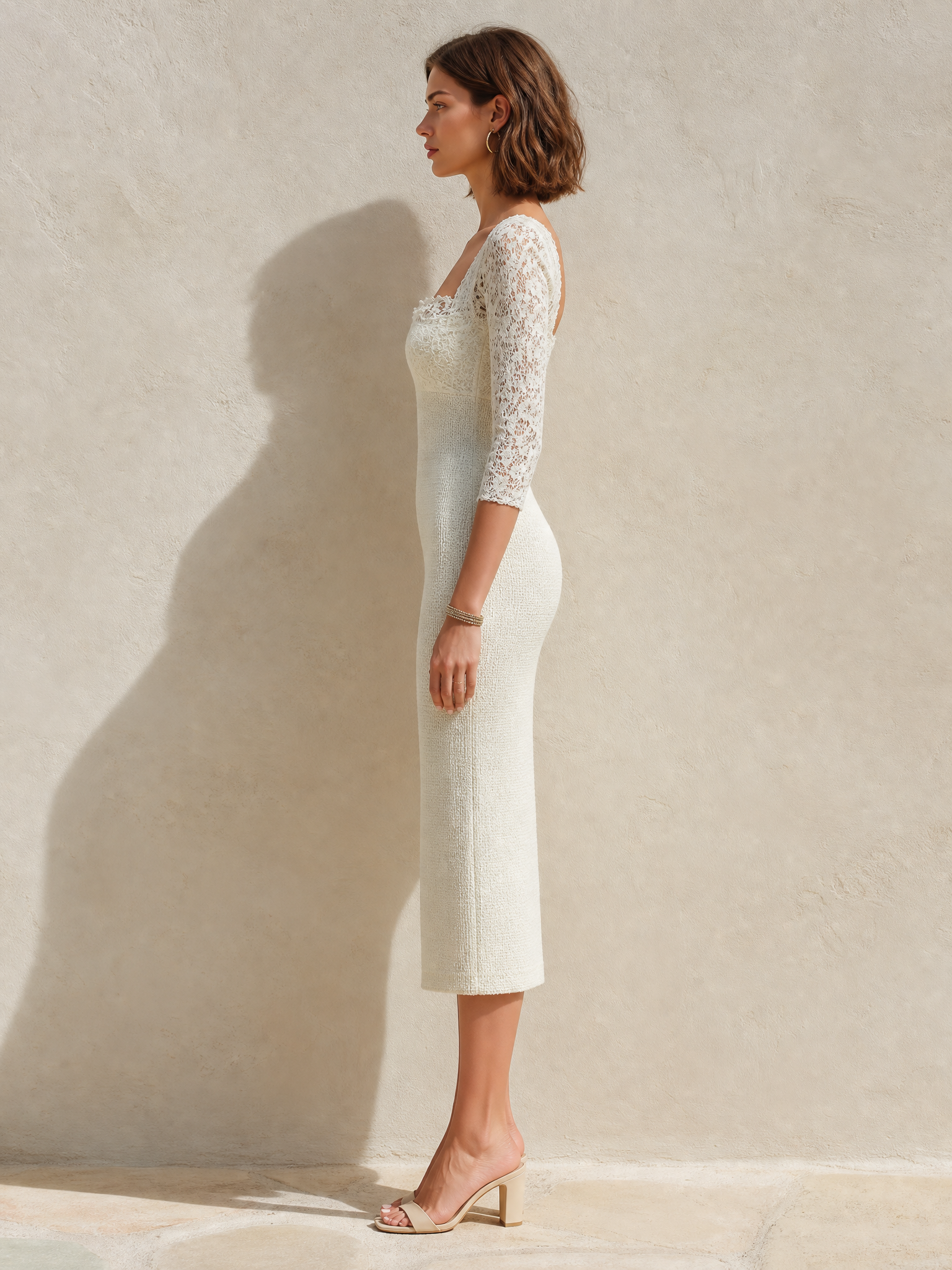 White Knitted Lace Dress With A Square Neckline