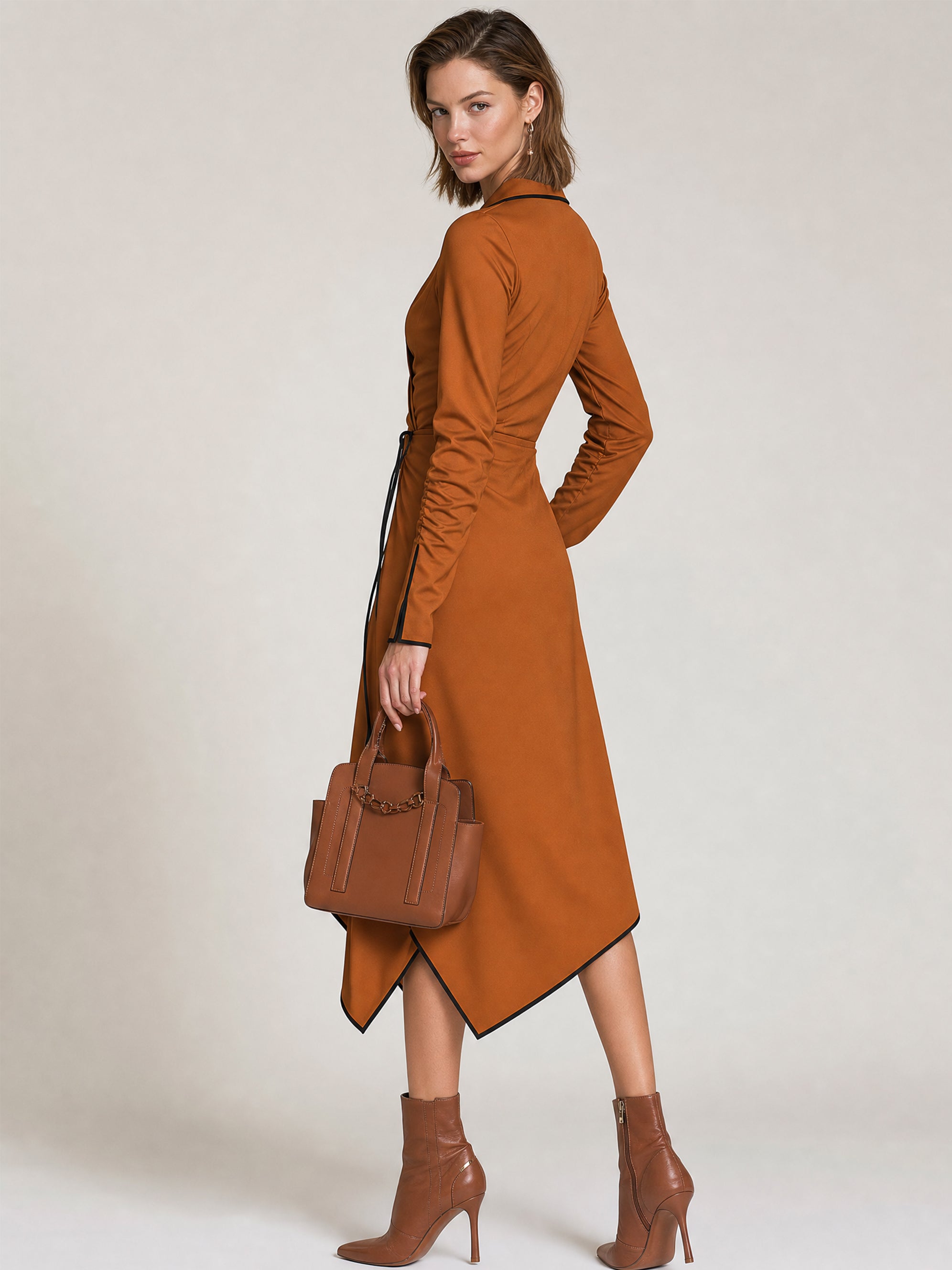 Elegant Contrast Piping Wrap Dress Long Sleeve Ruched Midi Dress