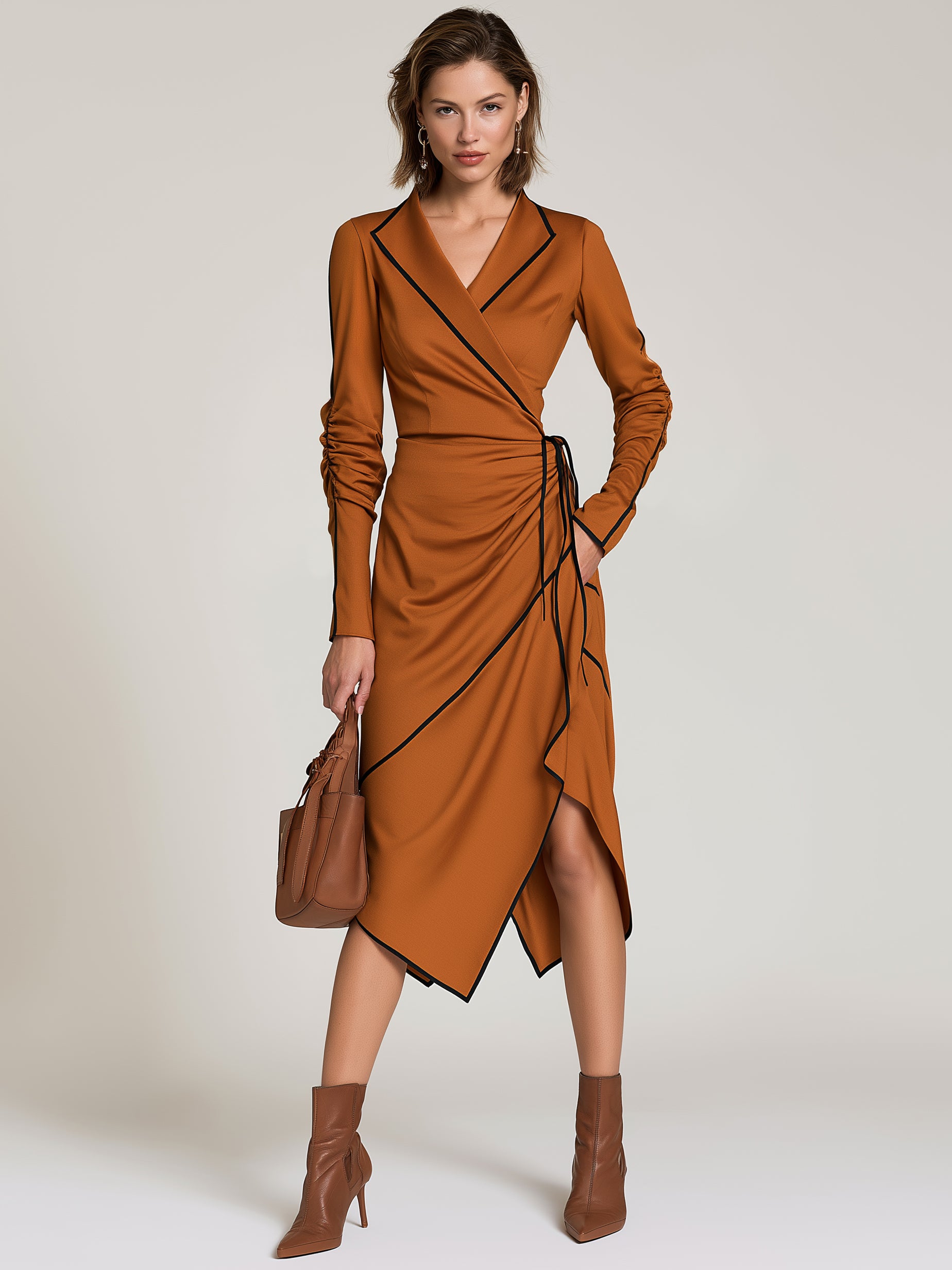 Elegant Contrast Piping Wrap Dress Long Sleeve Ruched Midi Dress