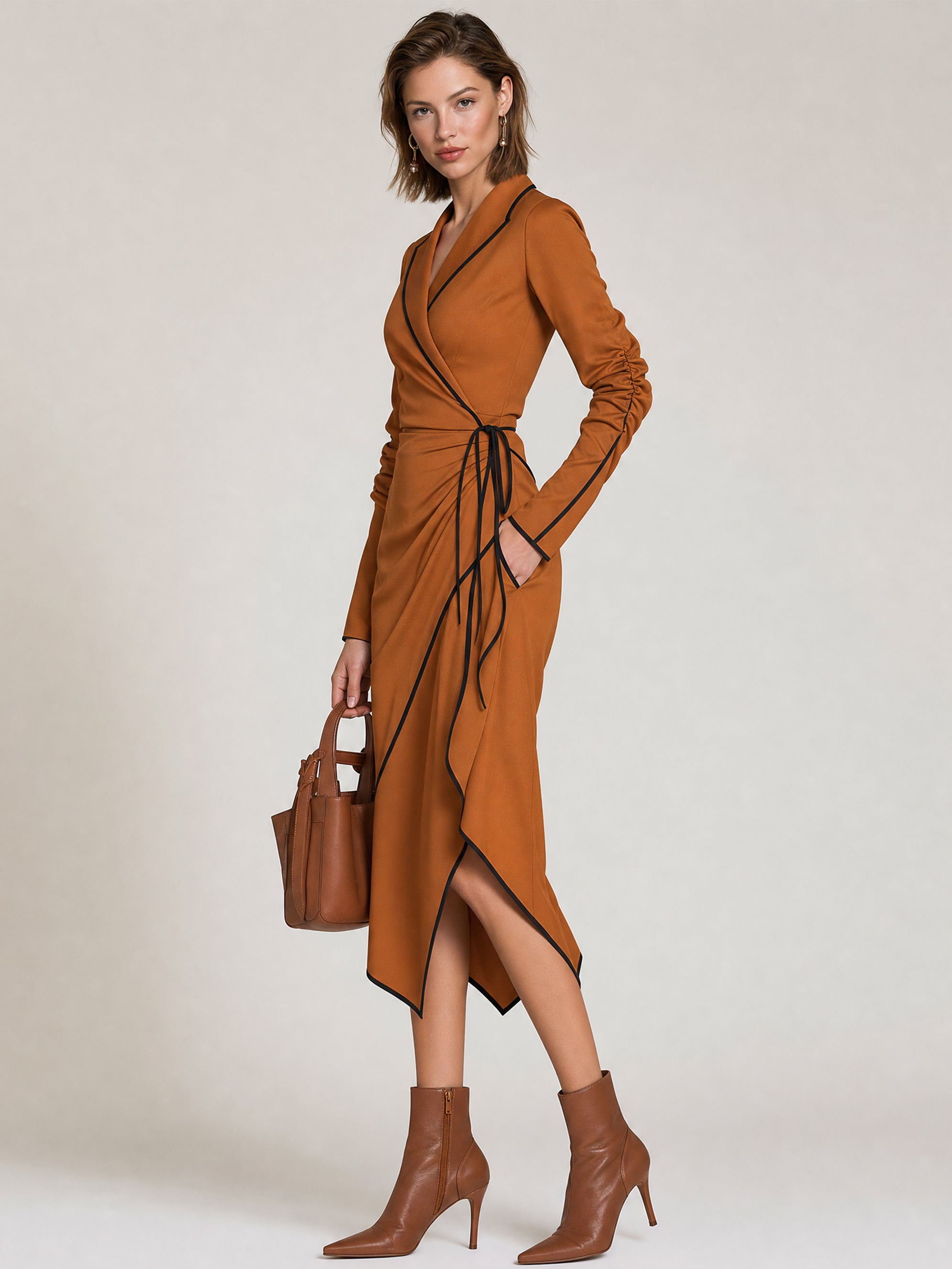 Elegant Contrast Piping Wrap Dress Long Sleeve Ruched Midi Dress