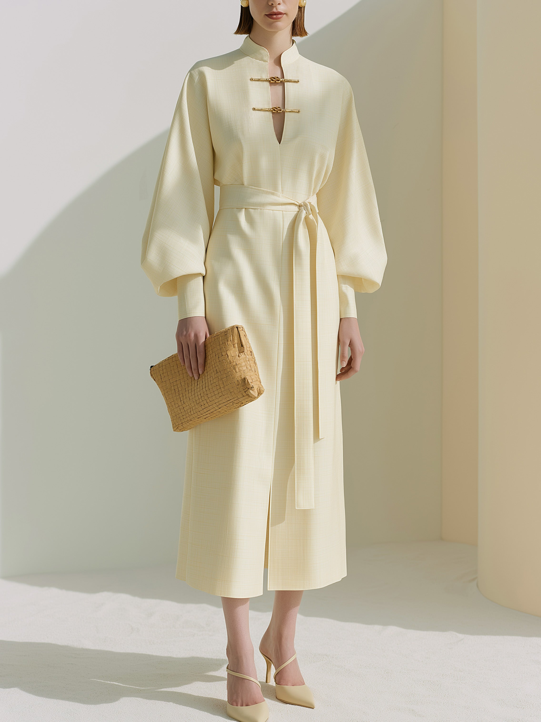 Cream Tiny Grid Wrap Waist Tailored Midi Dress