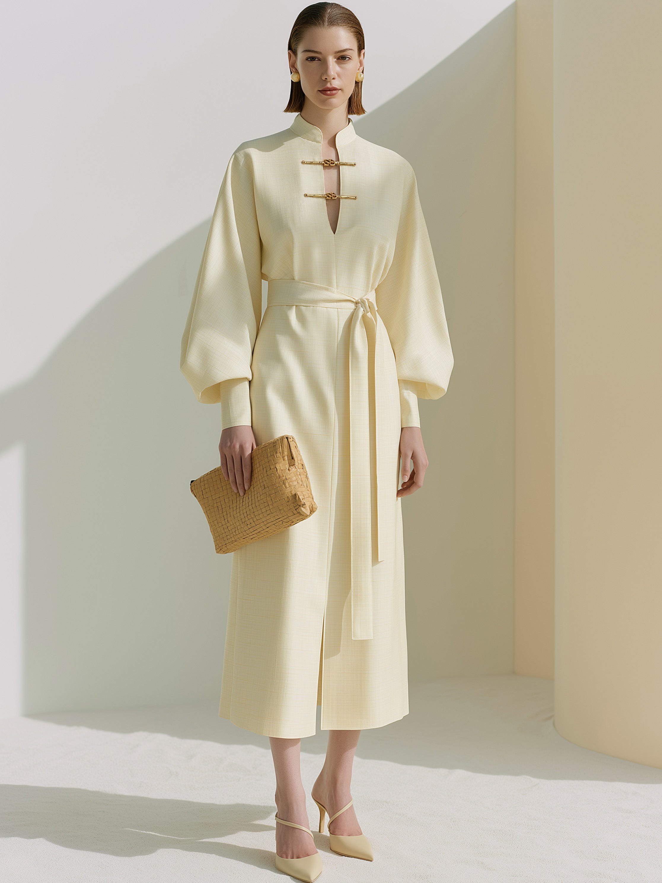 Cream Tiny Grid Wrap Waist Tailored Midi Dress