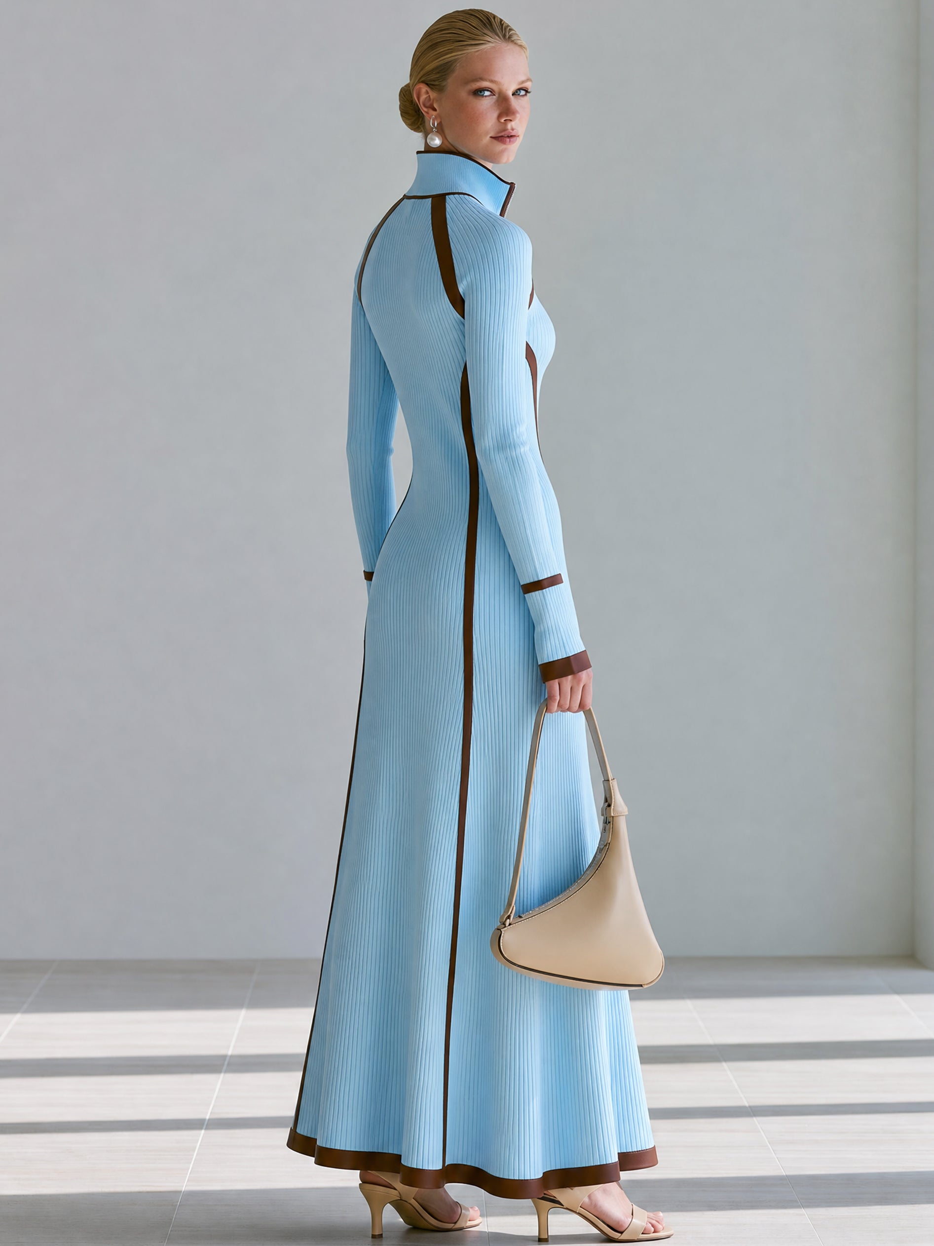 Elegant Knit Contrast Trim Zip-Up Maxi Dress