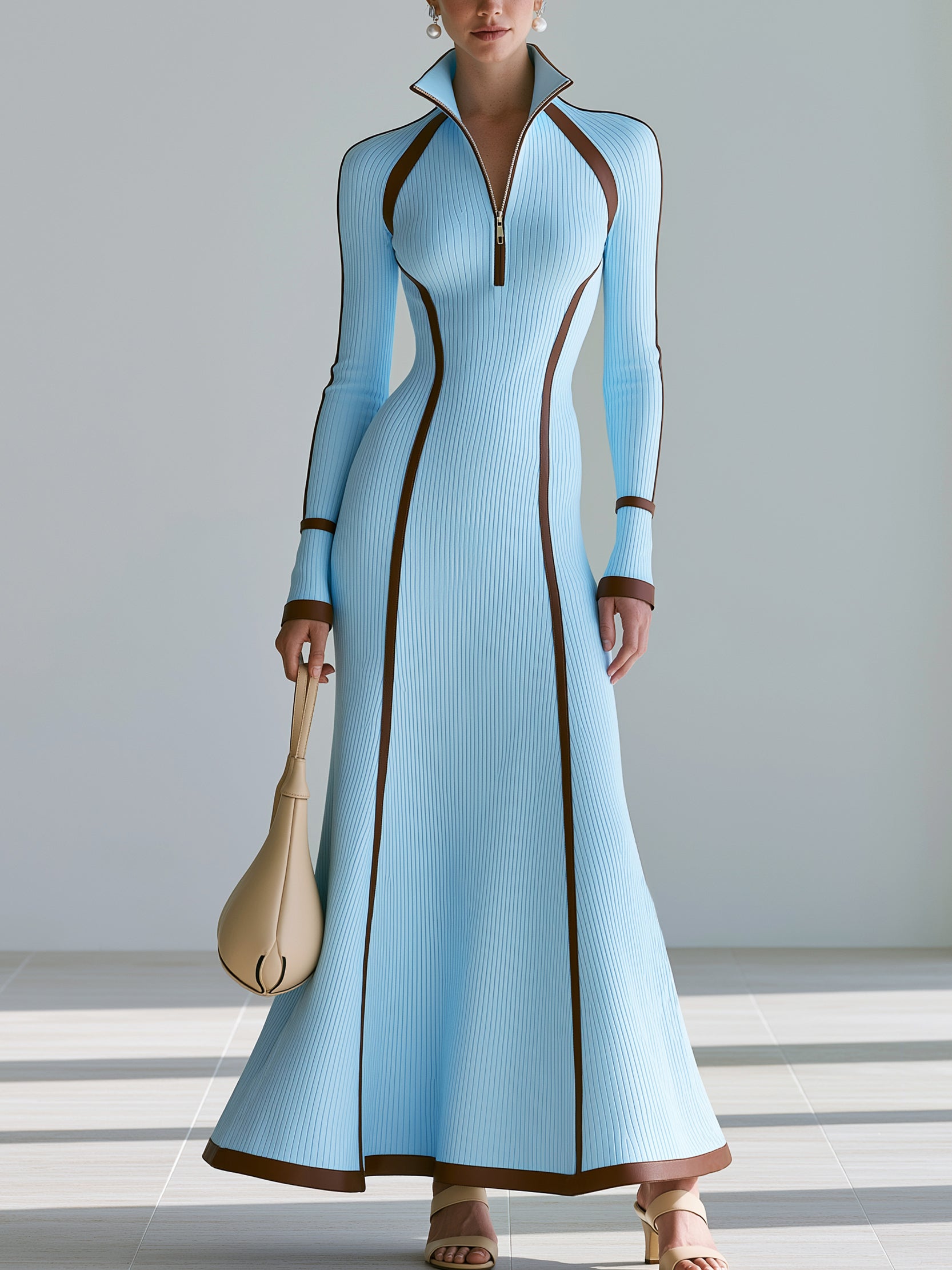 Elegant Knit Contrast Trim Zip-Up Maxi Dress