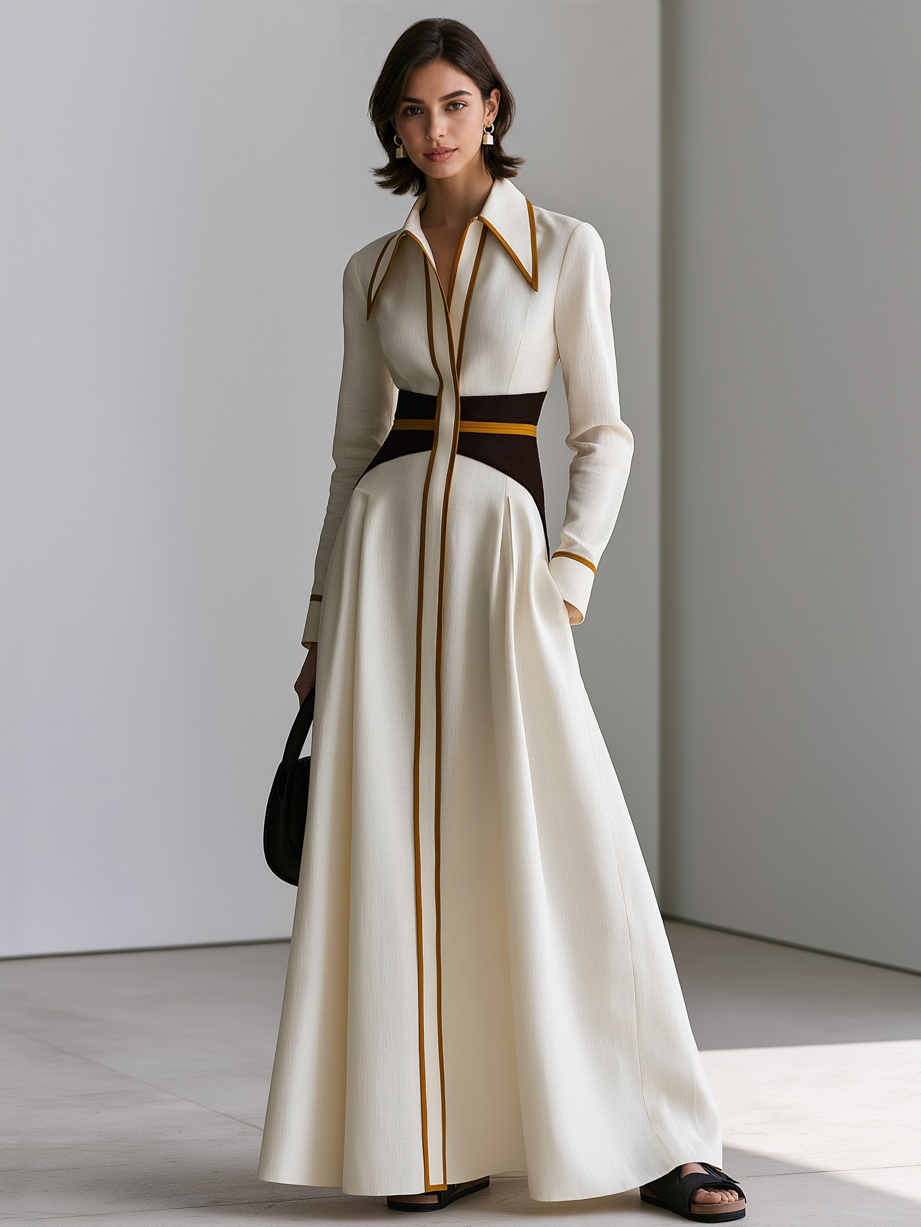 Linen Long Sleeve Contrast Piping Collared Maxi Dress