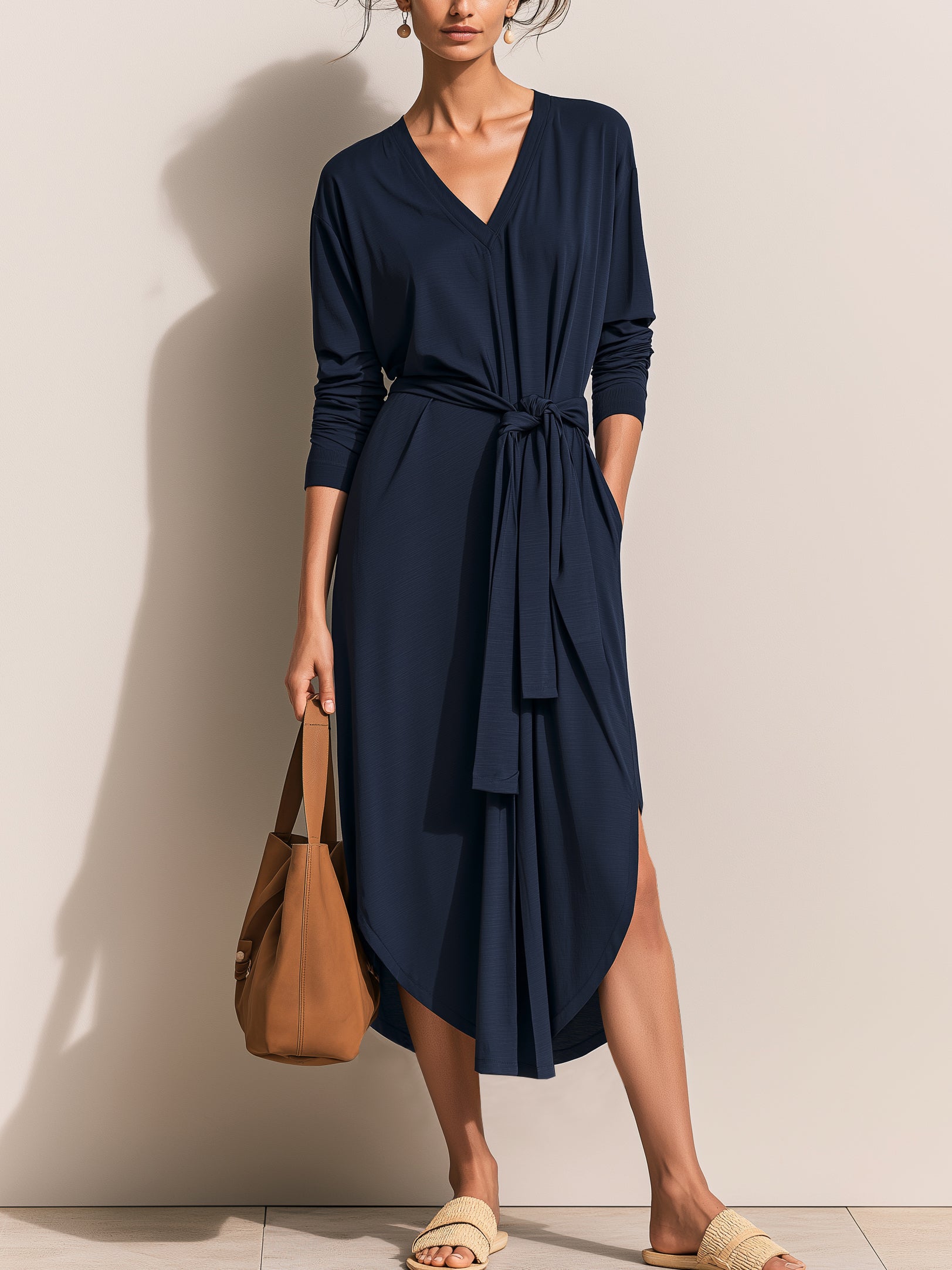 V-Neck Long Sleeve Wrap Relaxed Midi Dress