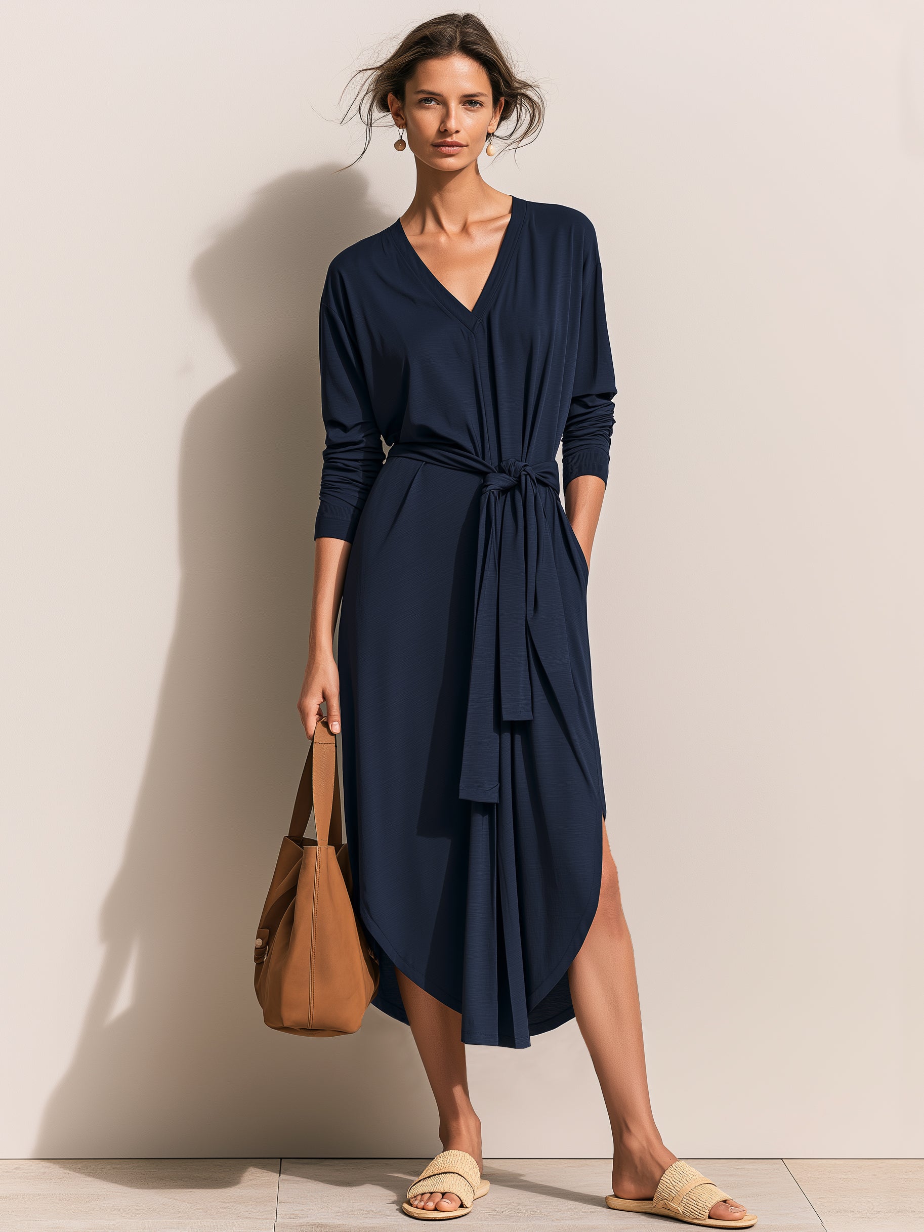 V-Neck Long Sleeve Wrap Relaxed Midi Dress