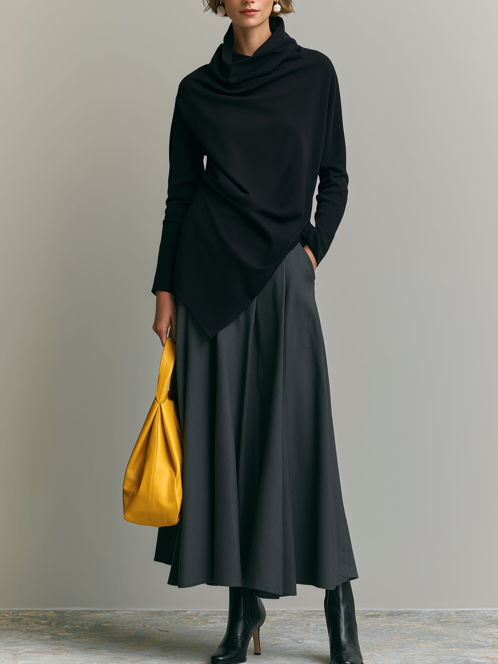 Elegant Matching Set : Funnel Neck Asymmetric Top & A-Line Maxi Skirt