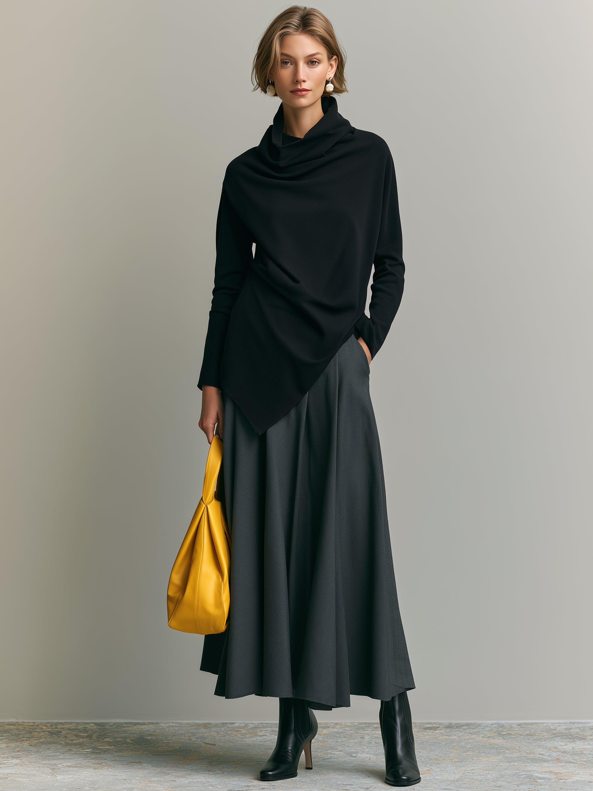 Elegant Matching Set : Funnel Neck Asymmetric Top & A-Line Maxi Skirt