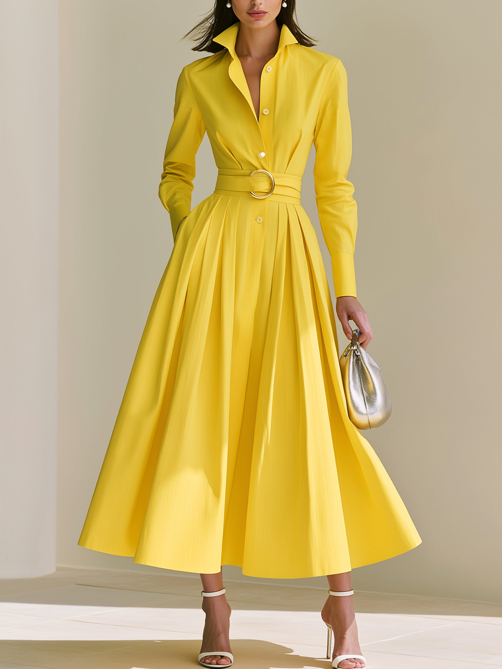 Sunflower Yellow Long Sleeve Belted Shirt Midi Dress
