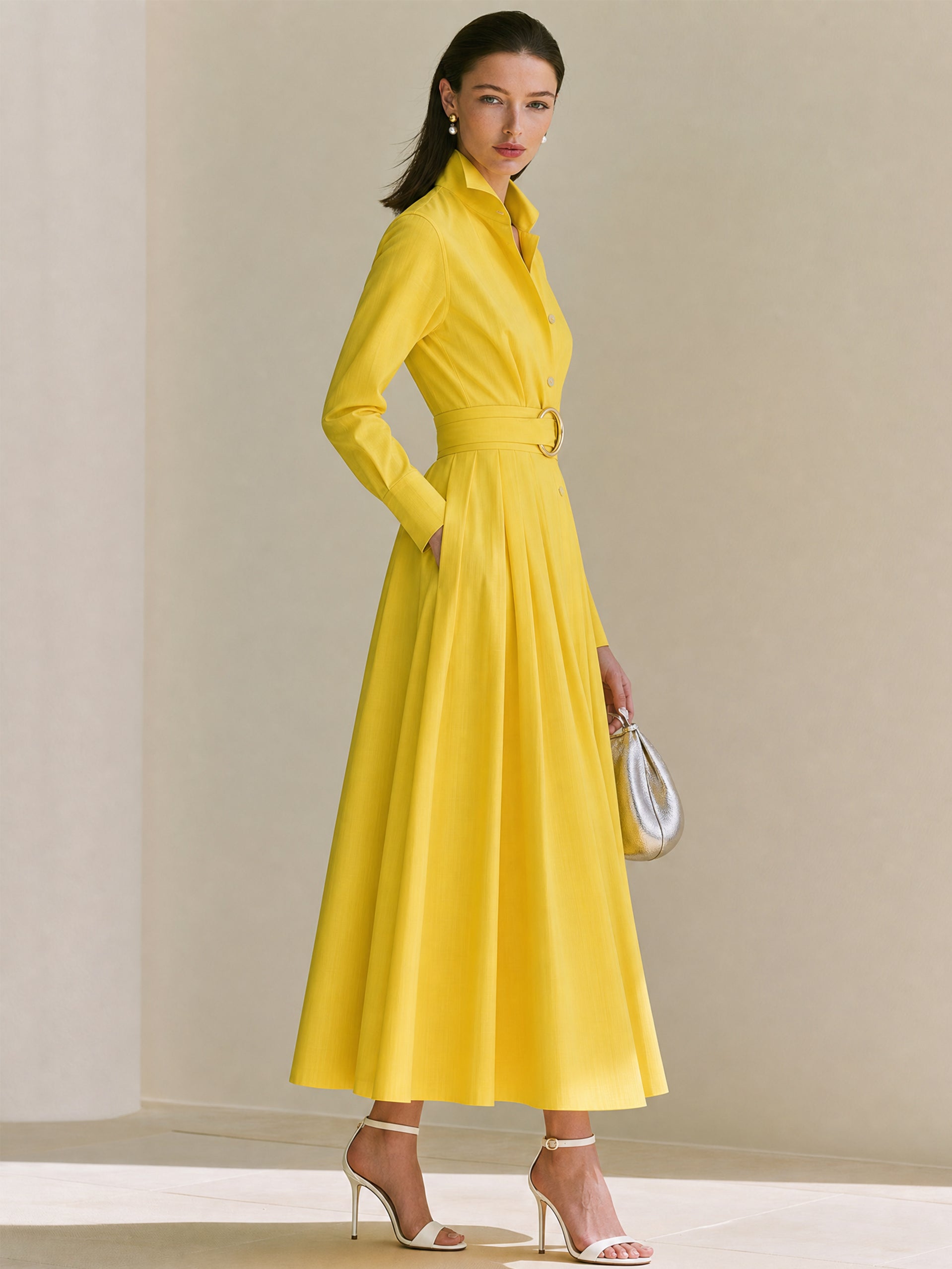Sunflower Yellow Long Sleeve Belted Shirt Midi Dress