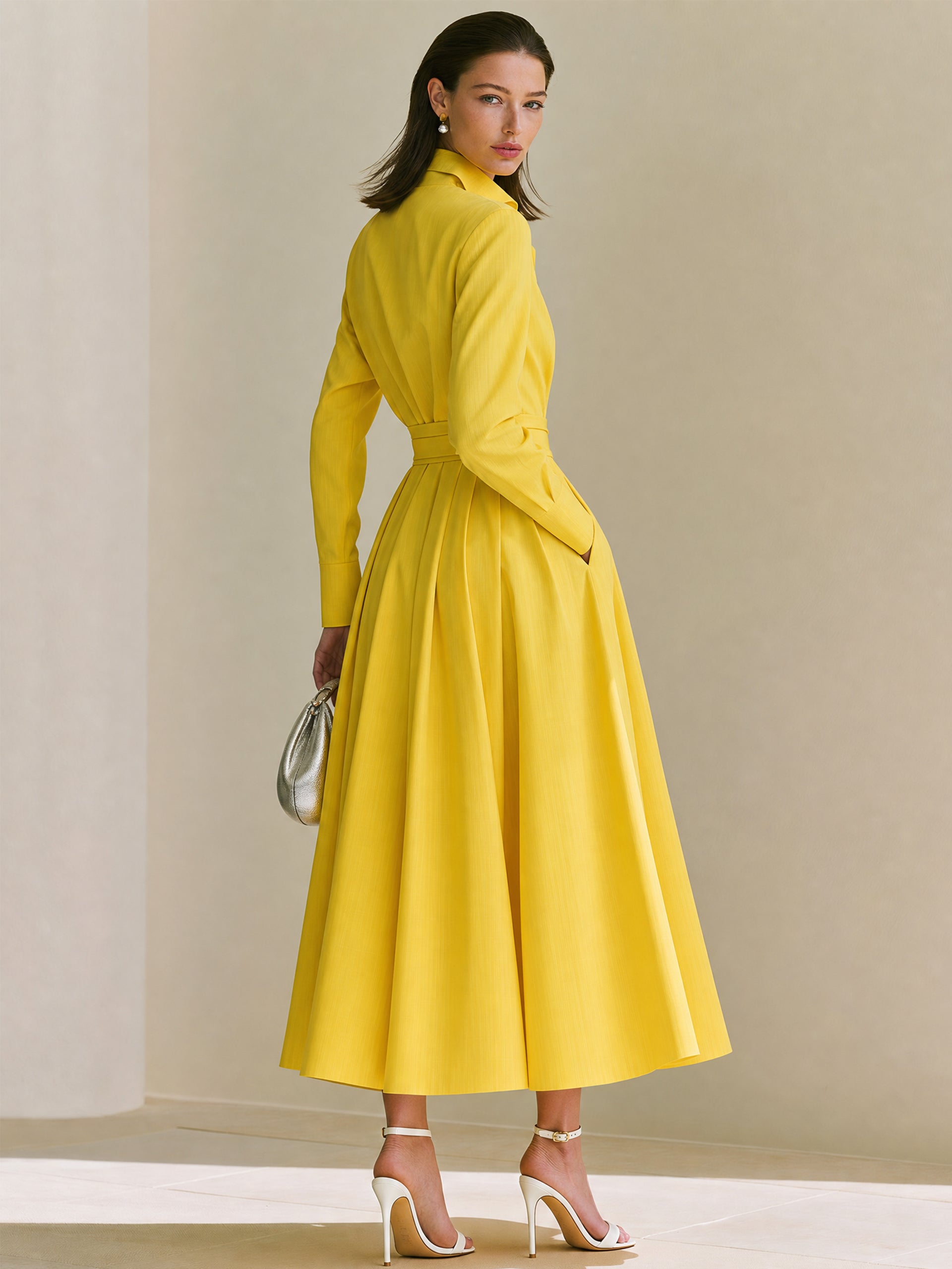 Sunflower Yellow Long Sleeve Belted Shirt Midi Dress