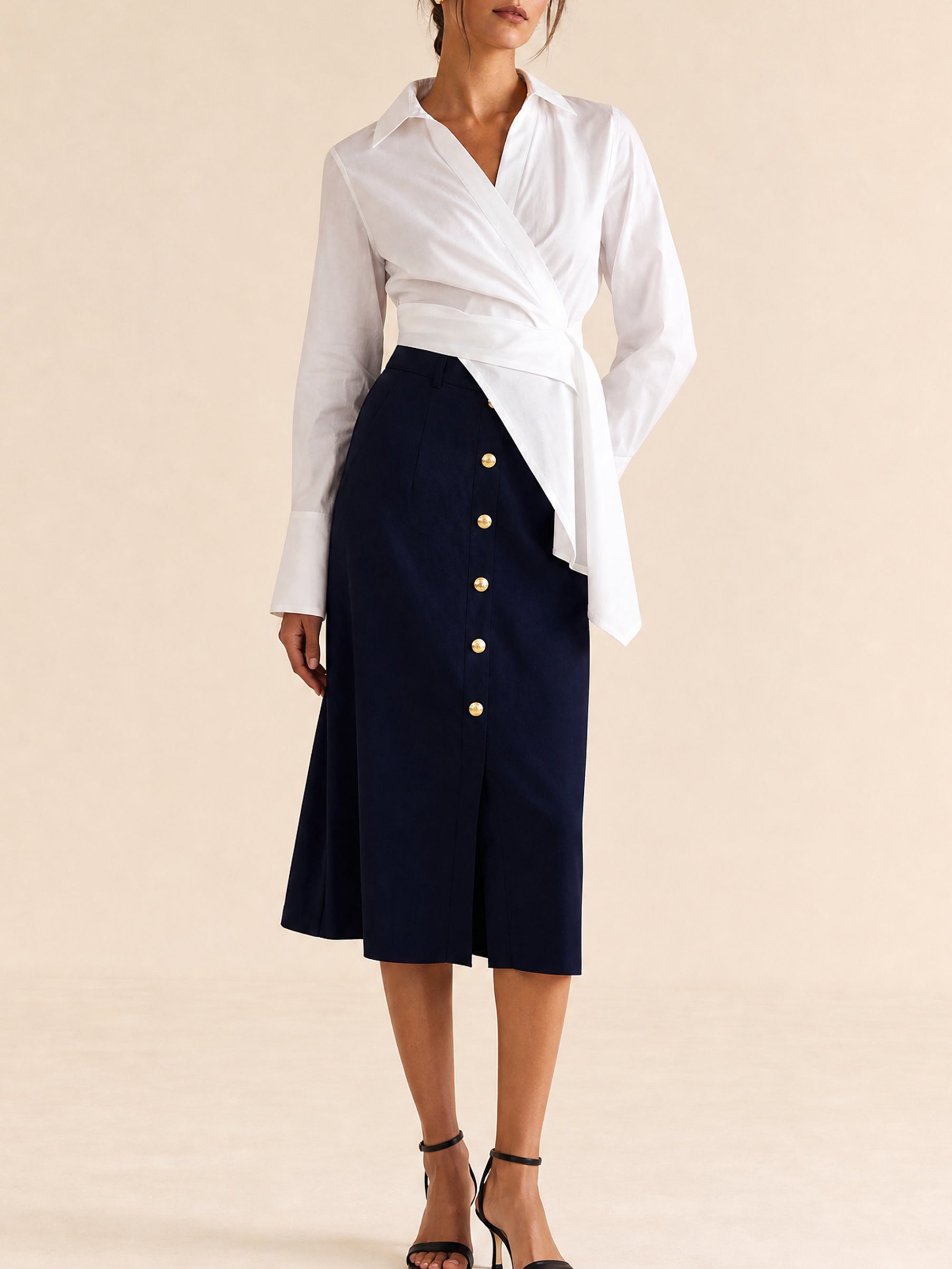 Commute Wrap-Front Cotton Shirt With Tie Waist &Button Midi Skirt