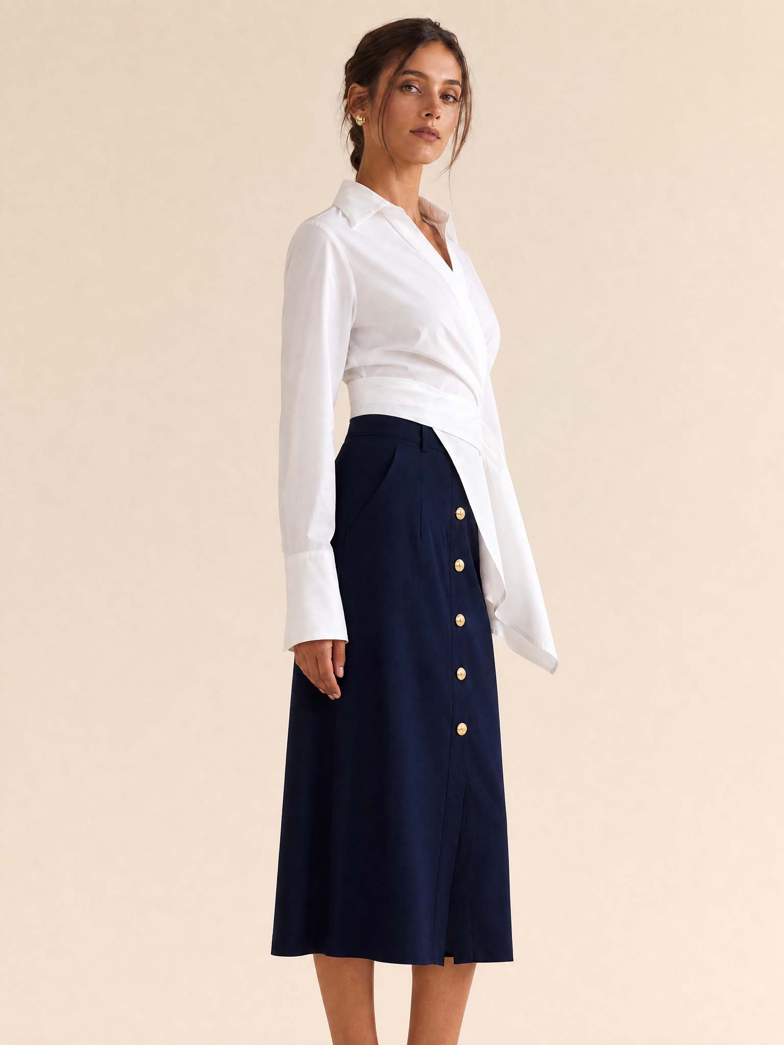 Commute Wrap-Front Cotton Shirt With Tie Waist &Button Midi Skirt