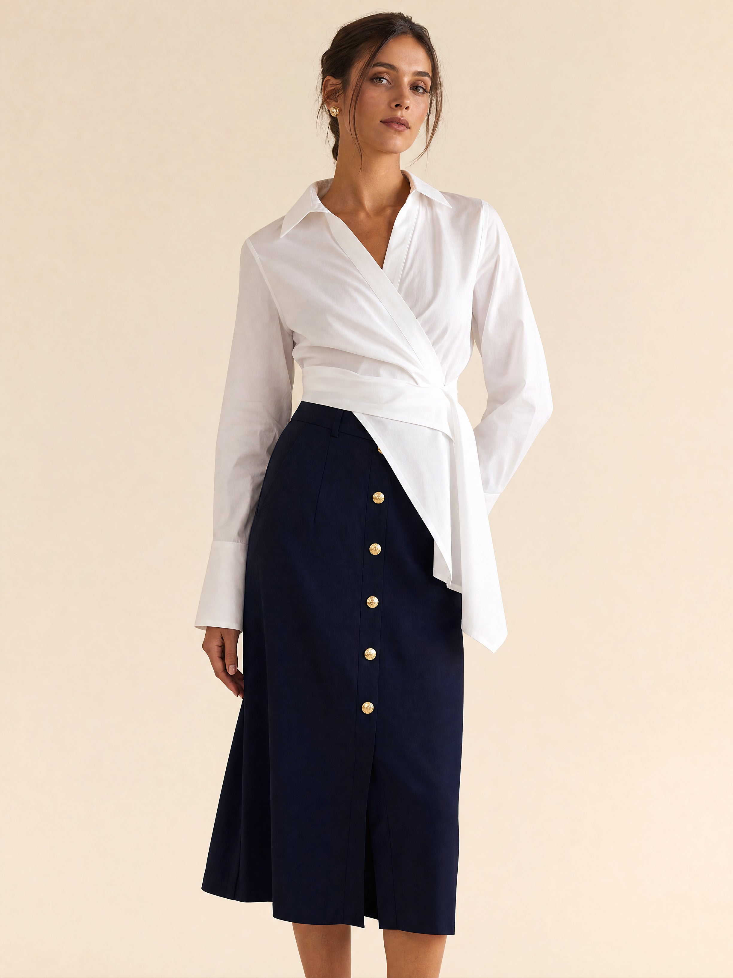 Commute Wrap-Front Cotton Shirt With Tie Waist &Button Midi Skirt