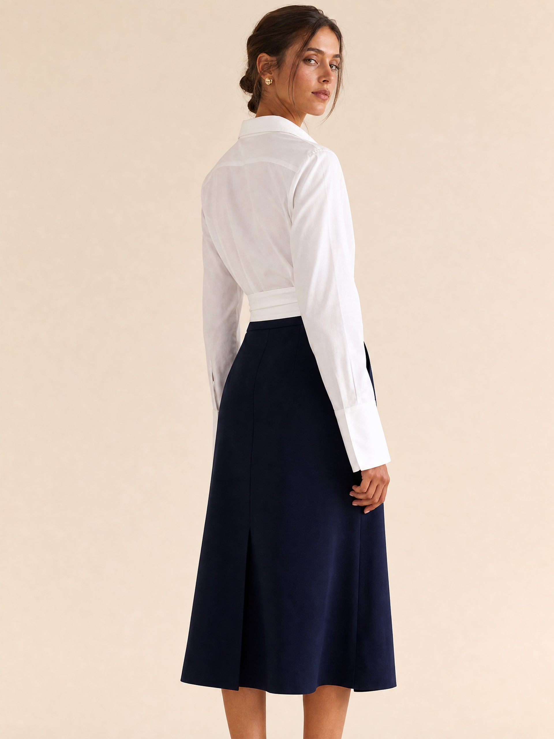 Commute Wrap-Front Cotton Shirt With Tie Waist &Button Midi Skirt