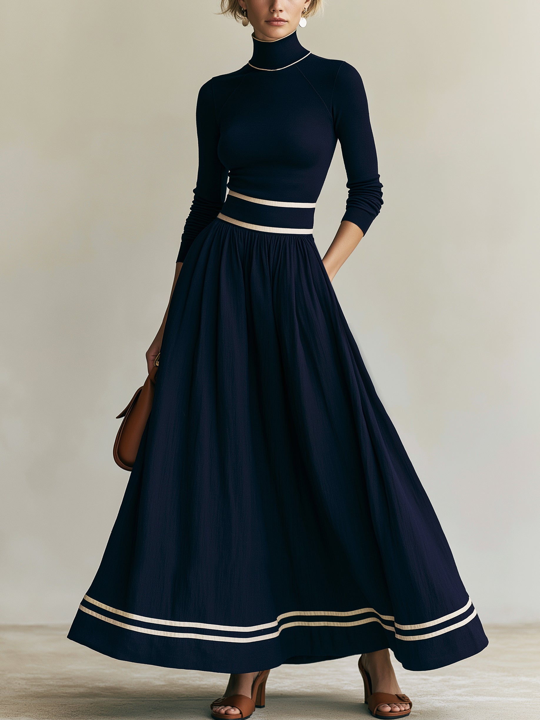 Turtleneck Long Sleeve Contrast Stripe A-Line Maxi Knit Dress