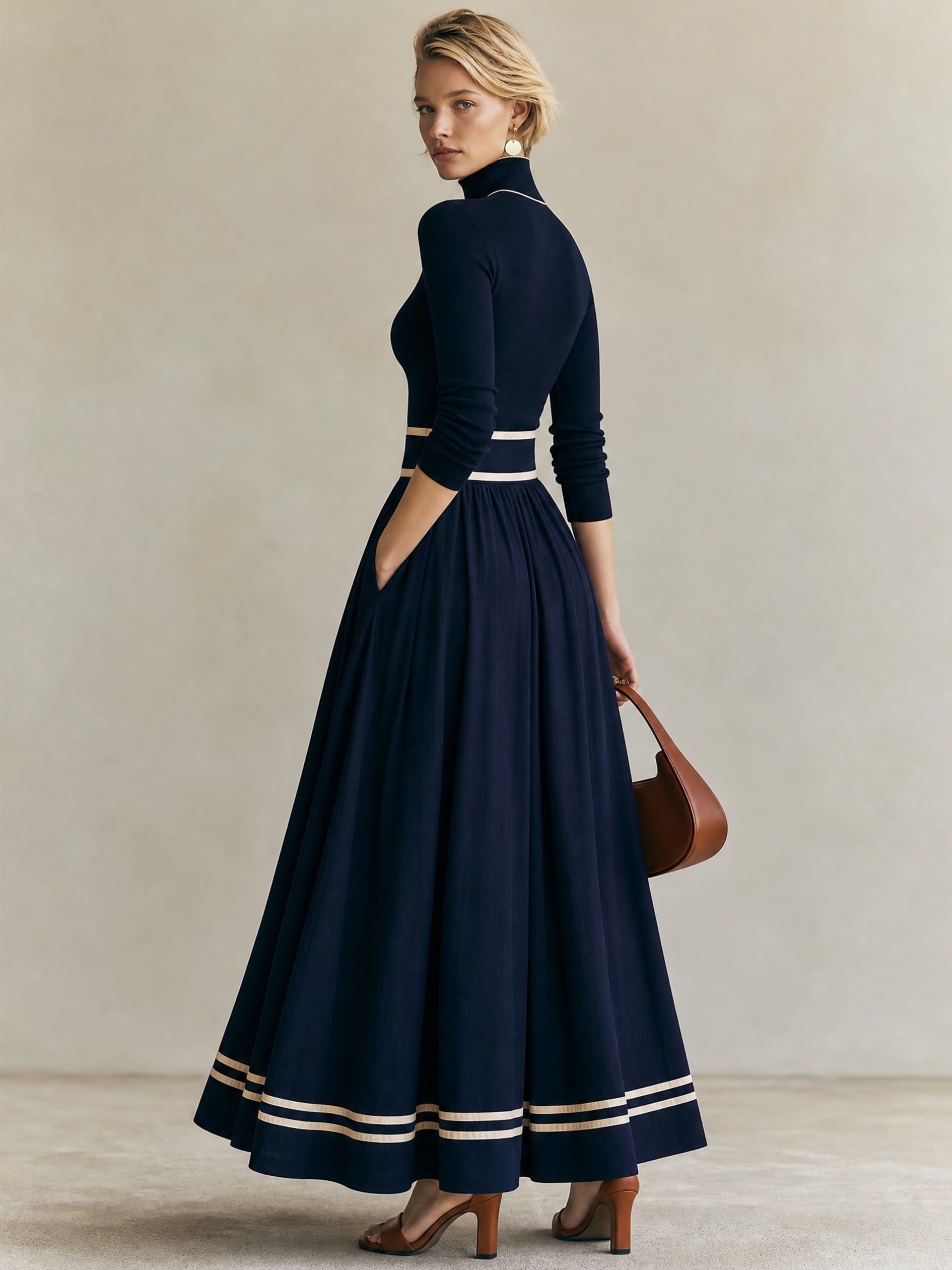 Turtleneck Long Sleeve Contrast Stripe A-Line Maxi Knit Dress