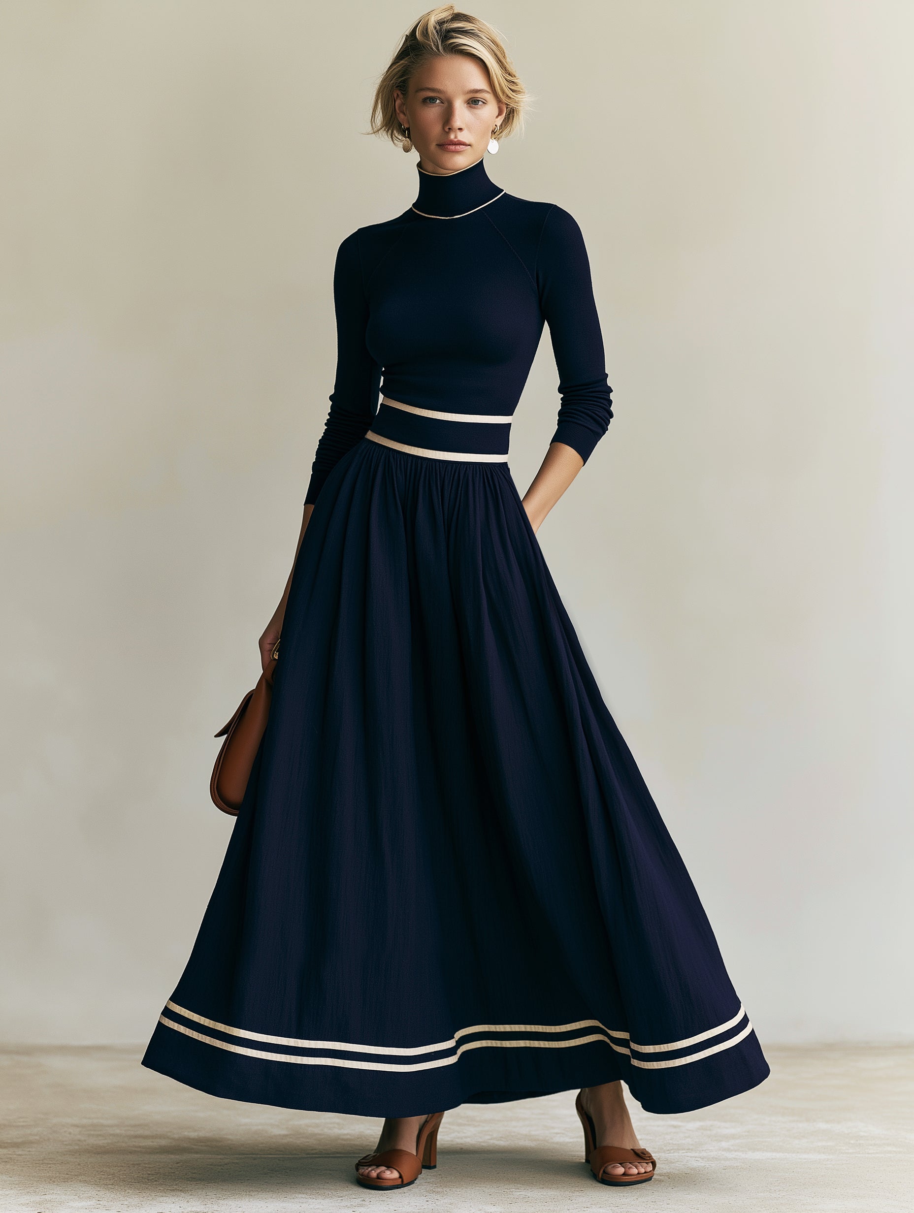 Turtleneck Long Sleeve Contrast Stripe A-Line Maxi Knit Dress