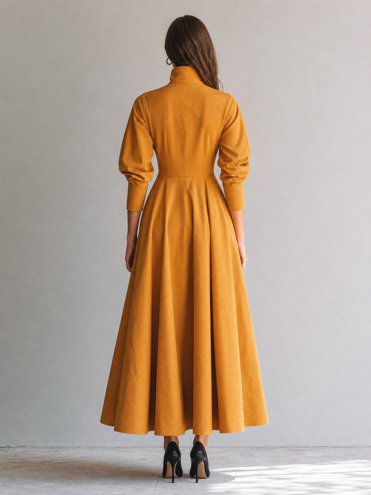 Mustard Yellow Stand-collar Zip-front Dress