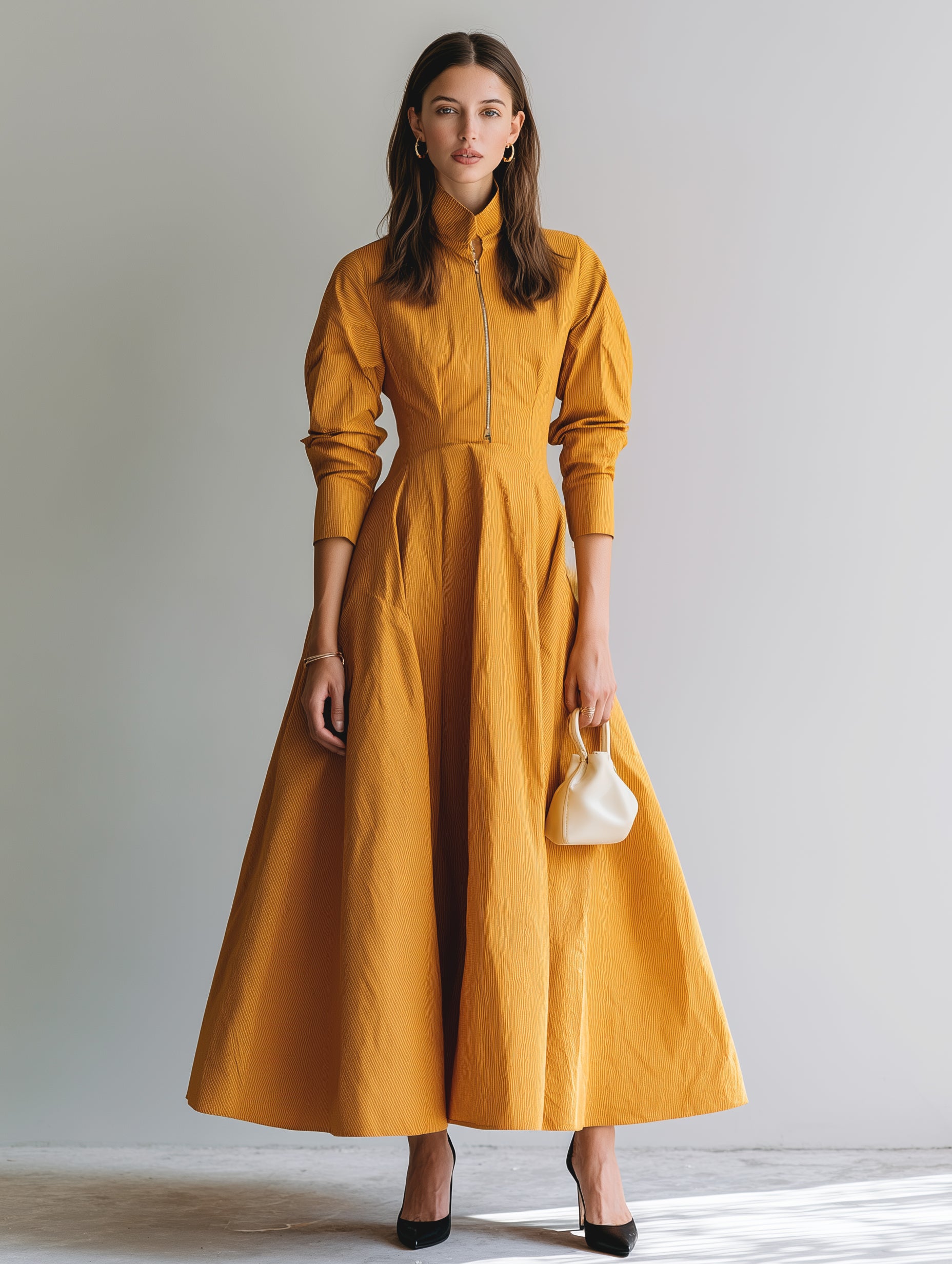 Mustard Yellow Stand-collar Zip-front Dress