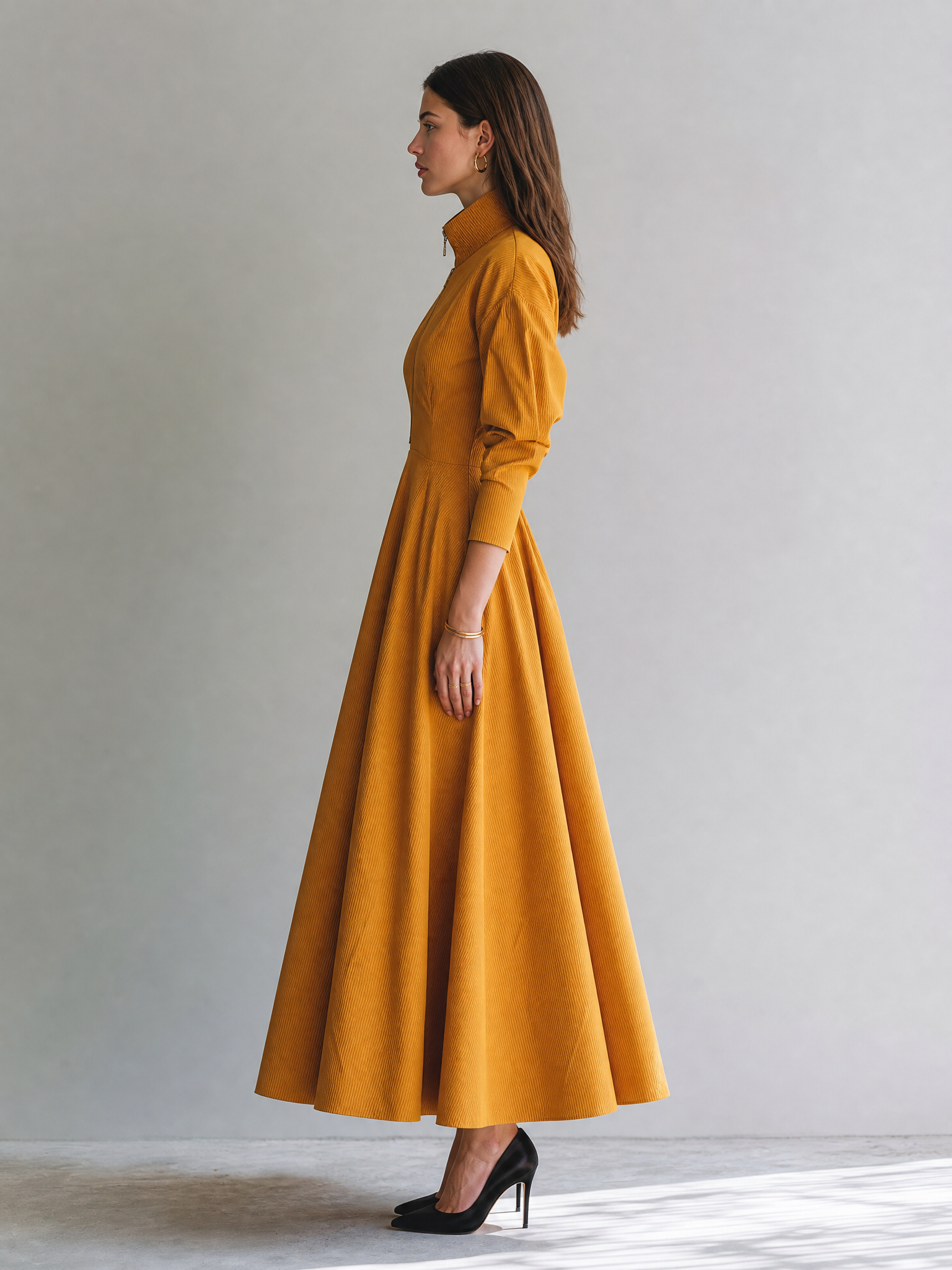Mustard Yellow Stand-collar Zip-front Dress
