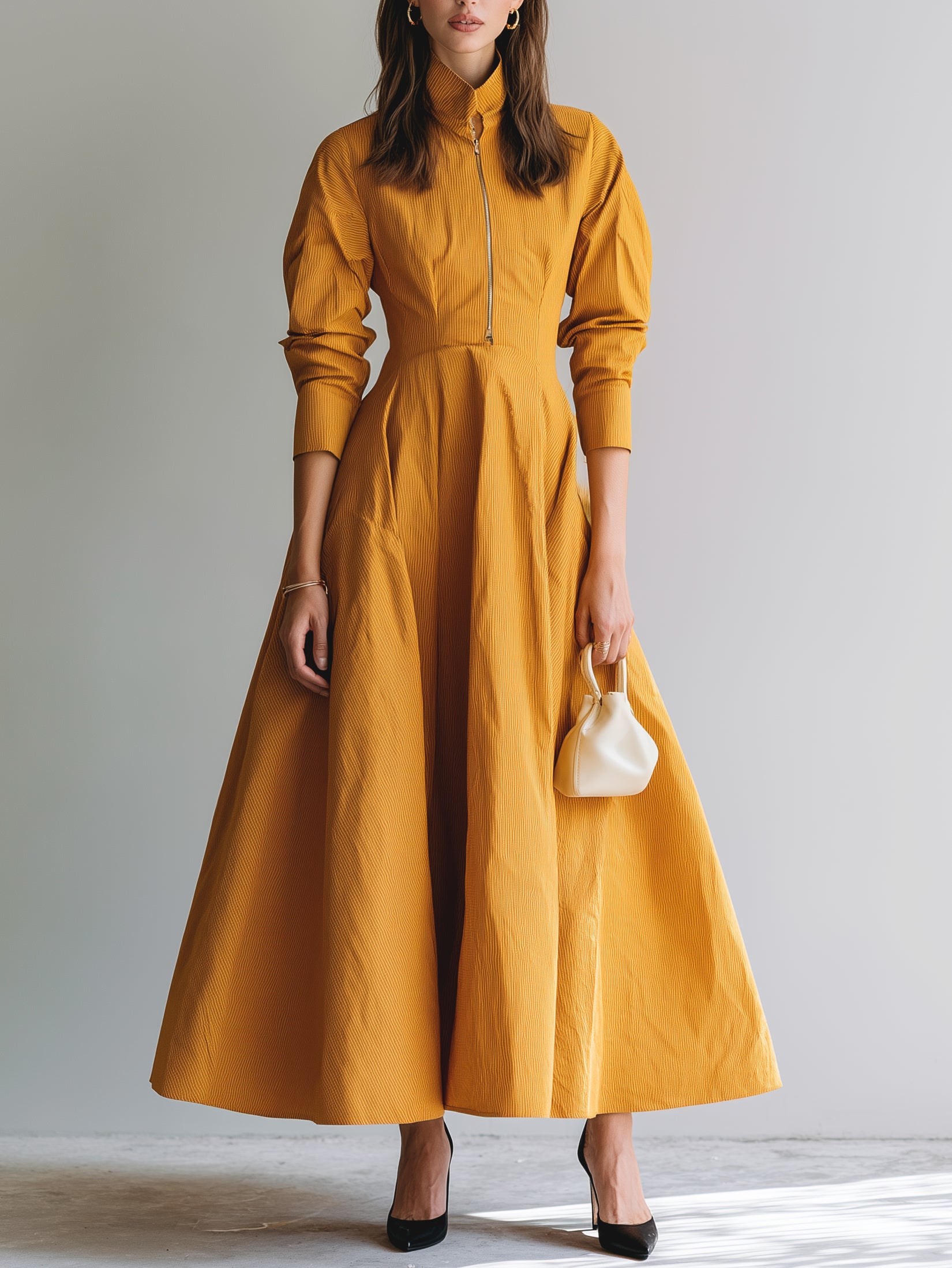 Mustard Yellow Stand-collar Zip-front Dress