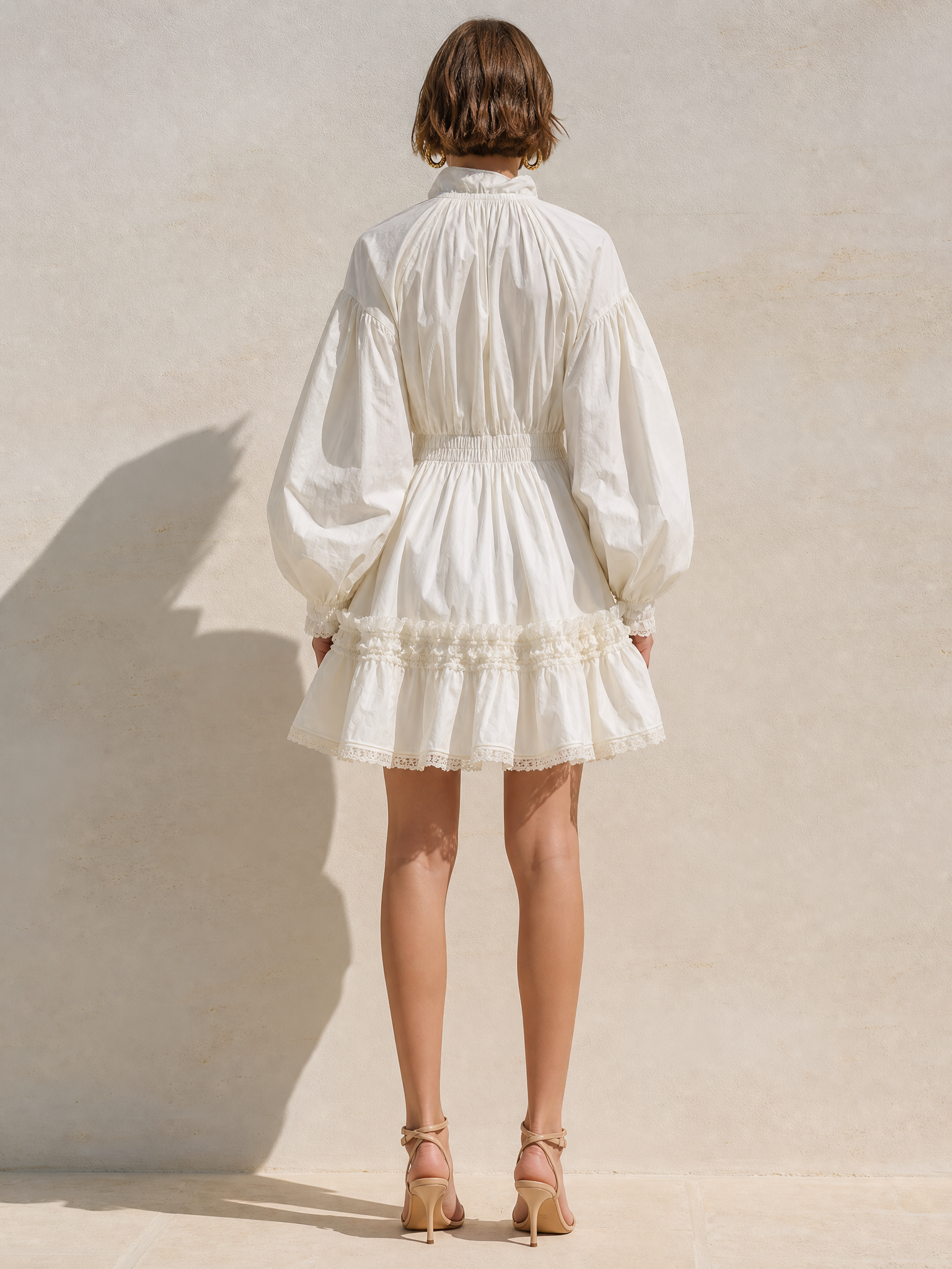 Elegant White Puff-sleeve Voluminous Mini Skirt