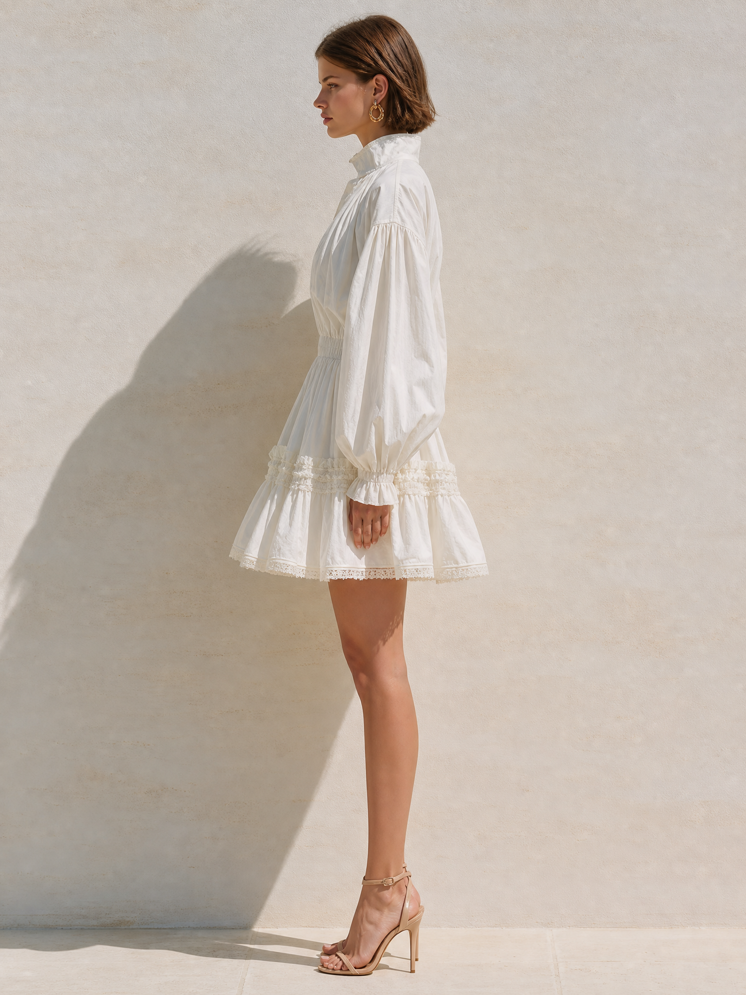 Elegant White Puff-sleeve Voluminous Mini Skirt