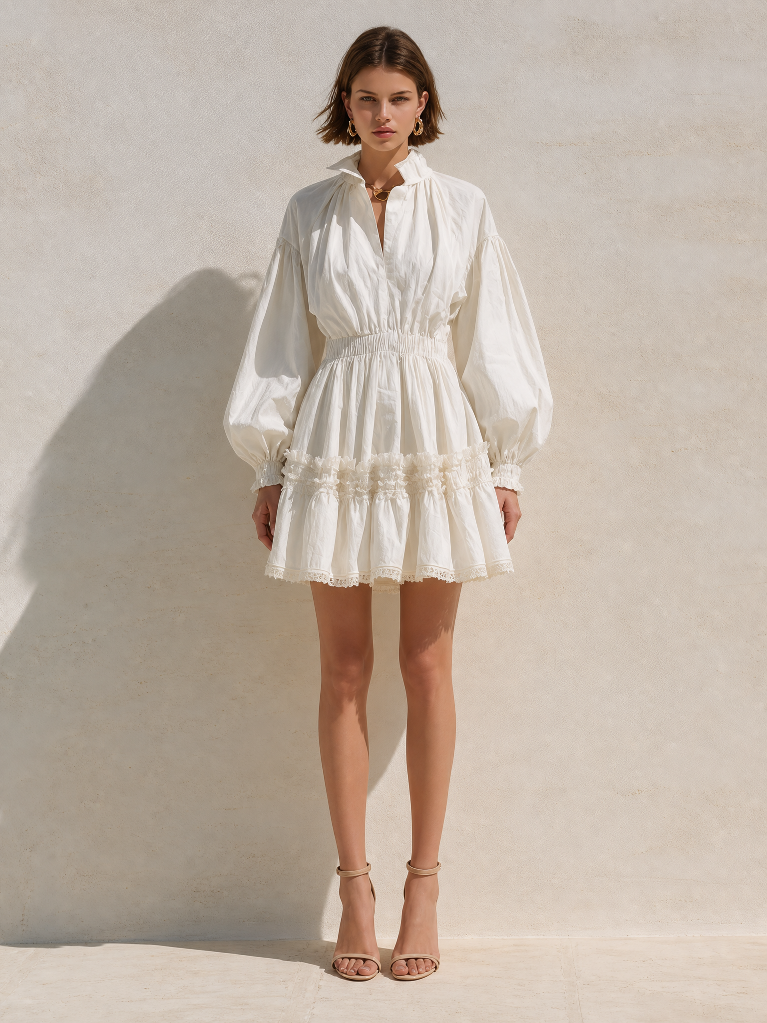 Elegant White Puff-sleeve Voluminous Mini Skirt
