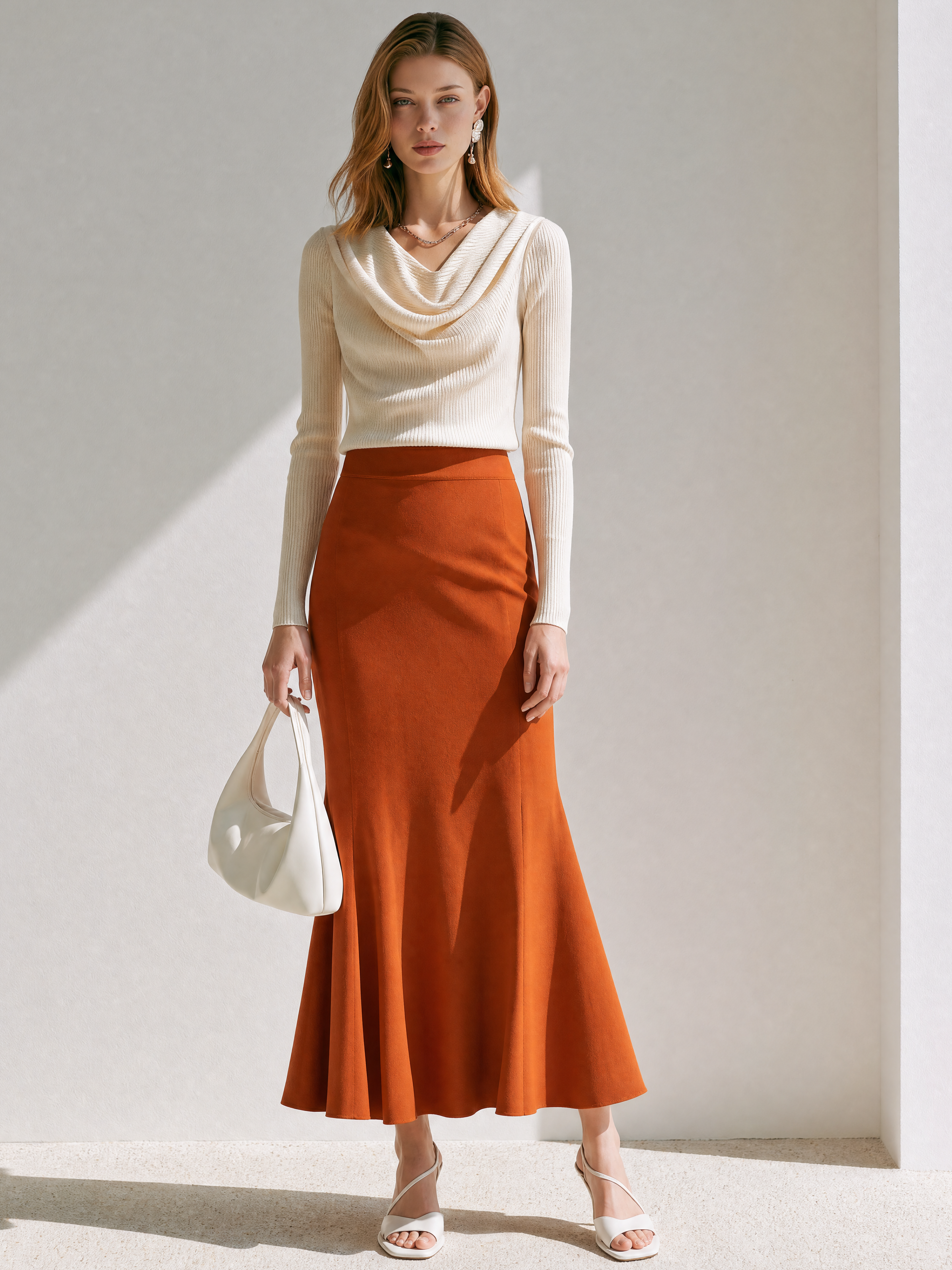 Elegant Ribbed Knit Top And Caramel Orange Midi Skirt Set