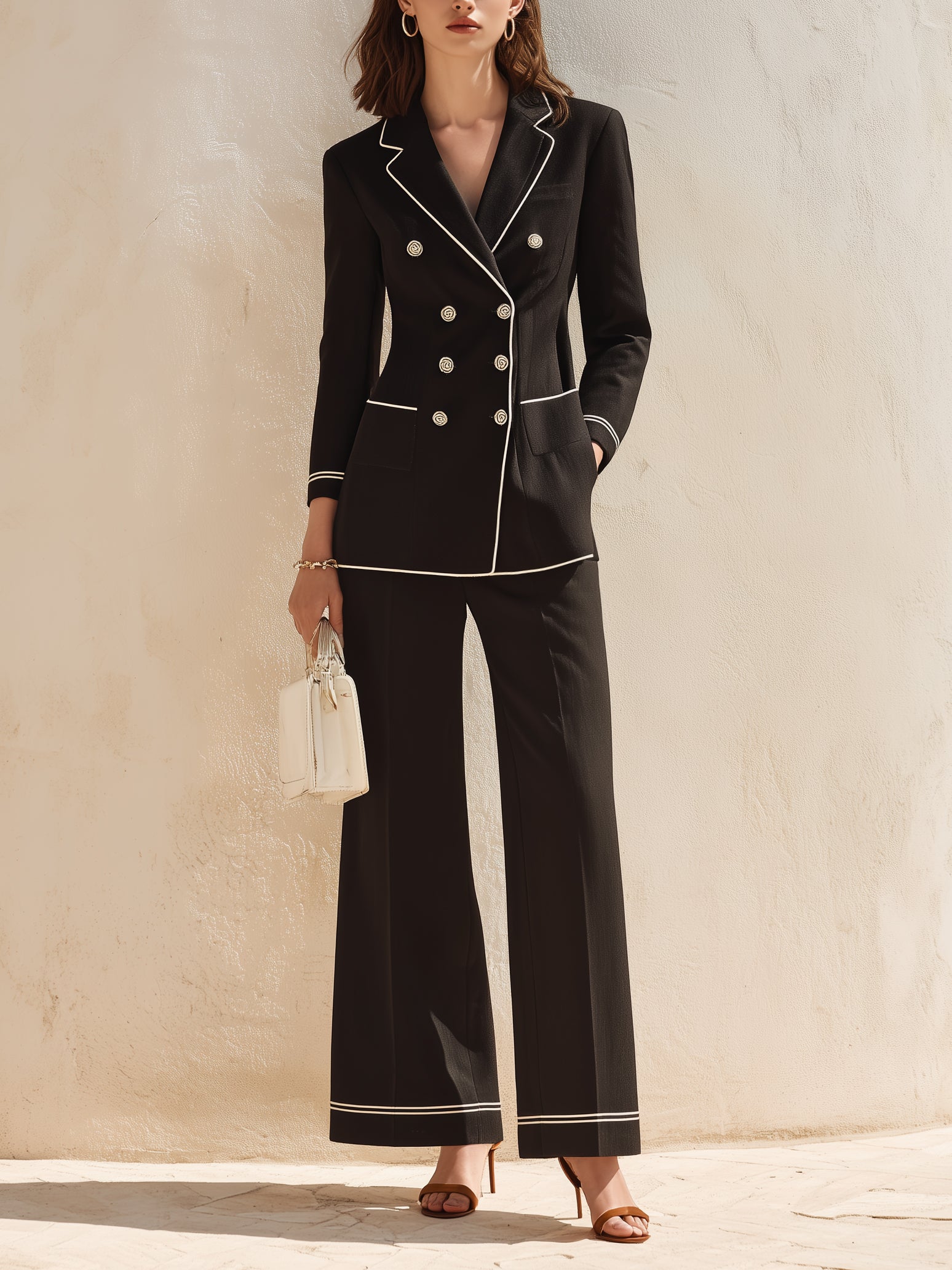Black-and-white Color-block Suit Set With Elegant Lines