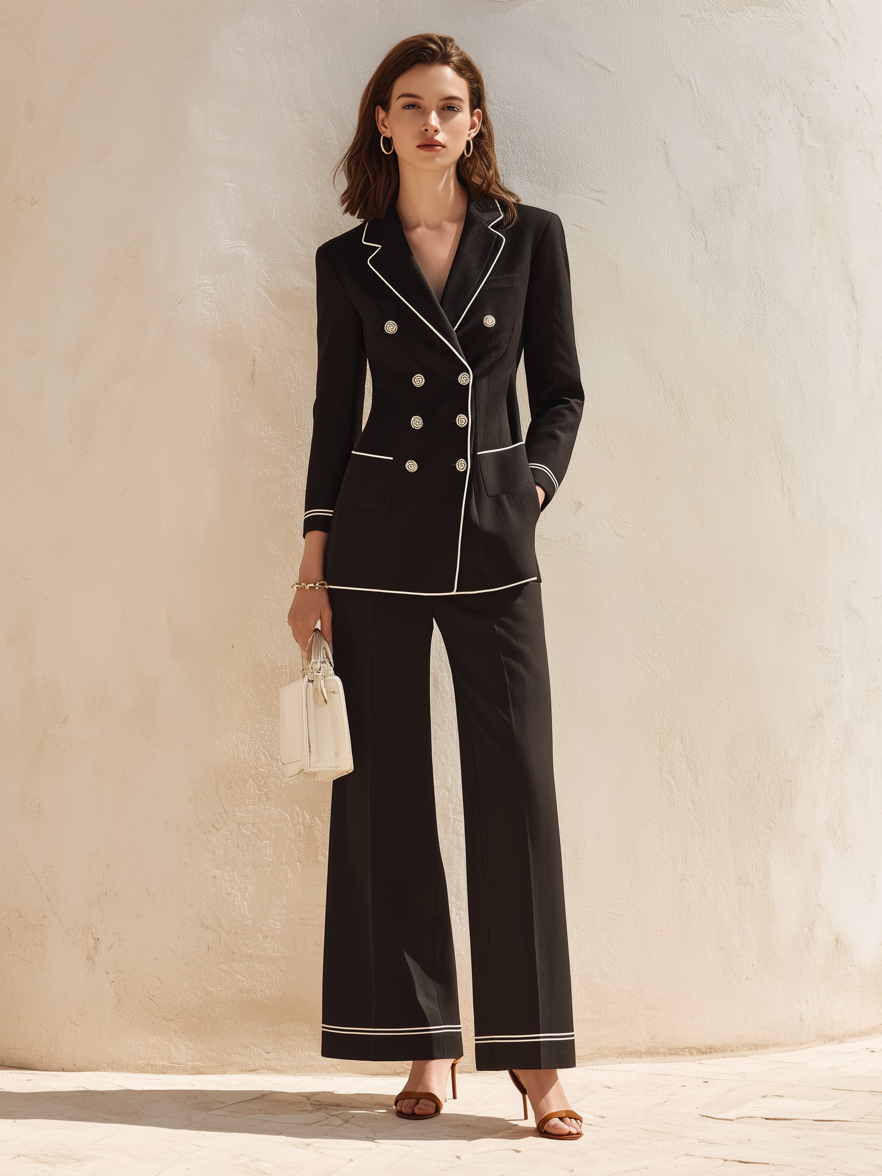 Black-and-white Color-block Suit Set With Elegant Lines