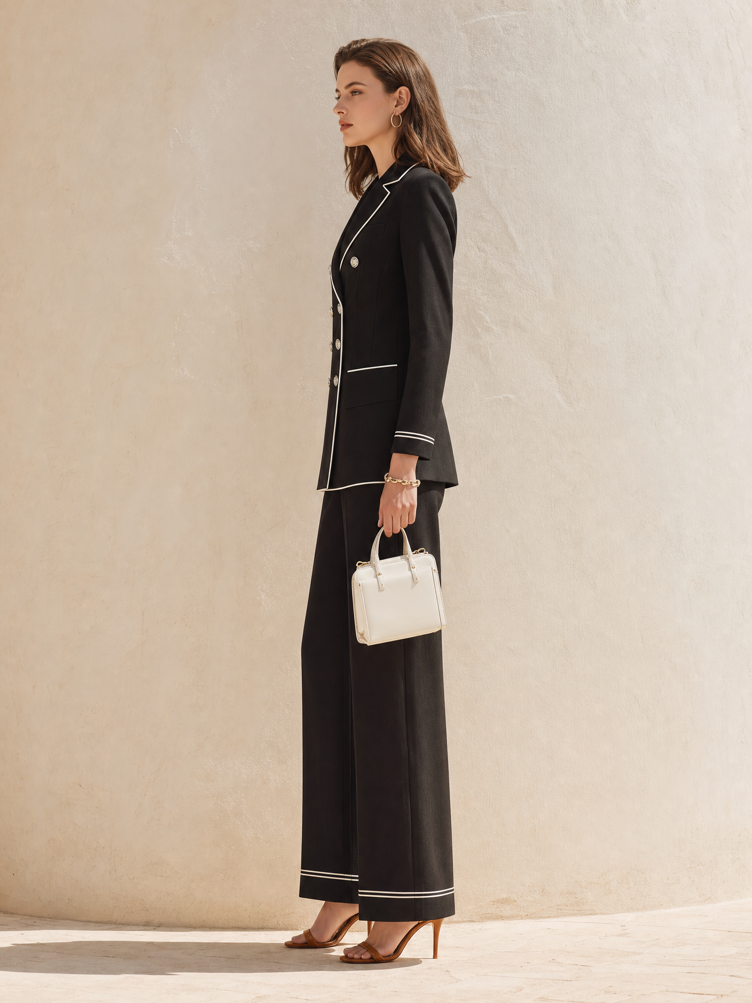 Black-and-white Color-block Suit Set With Elegant Lines