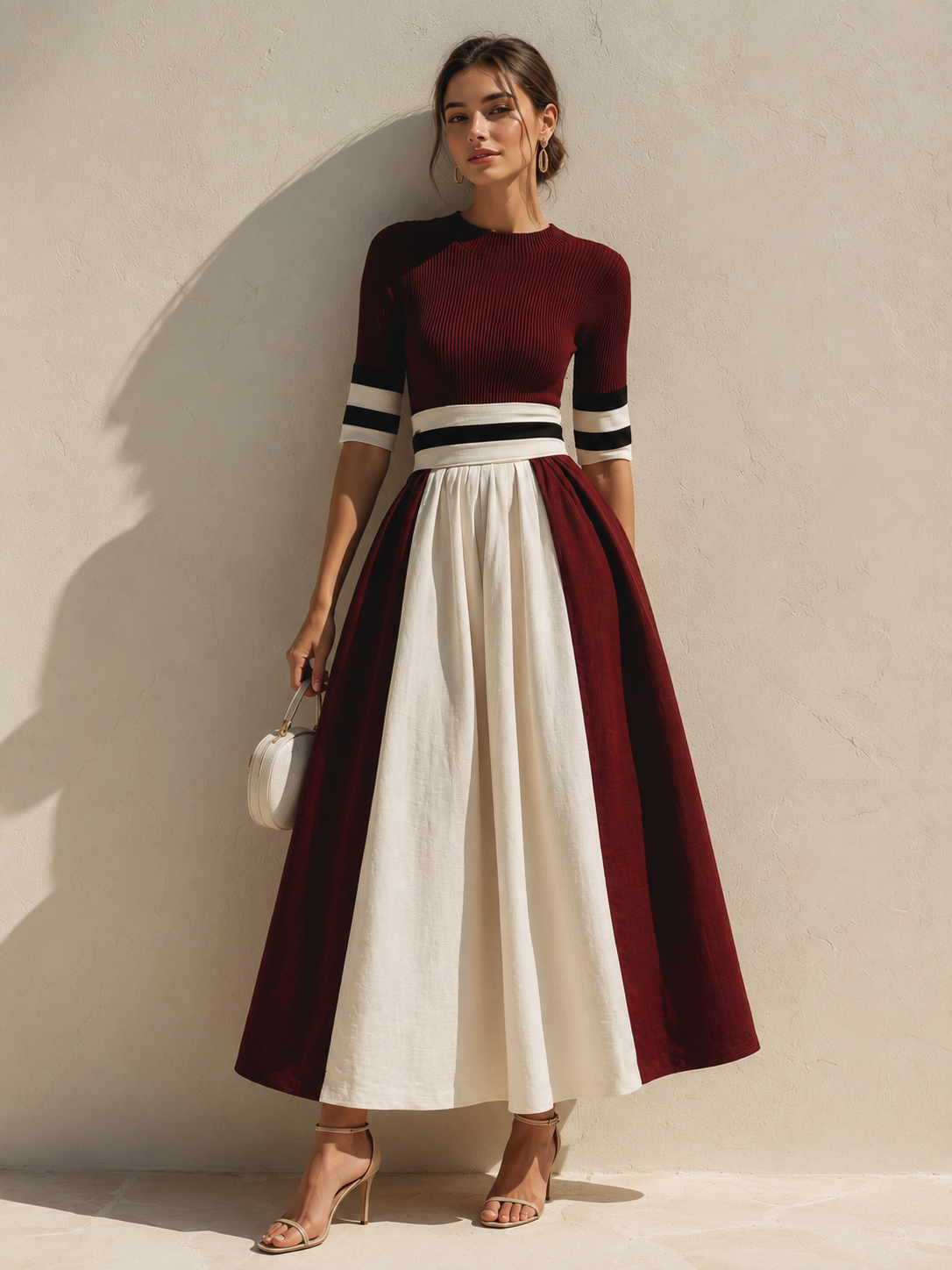 Red And White Striped Three-quarter Sleeve Dress