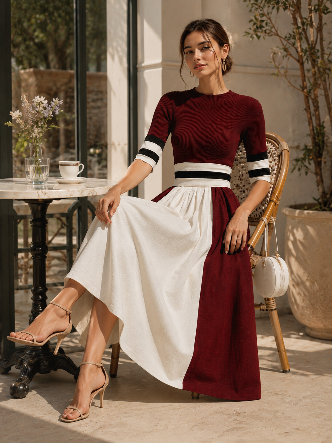 Red And White Striped Three-quarter Sleeve Dress