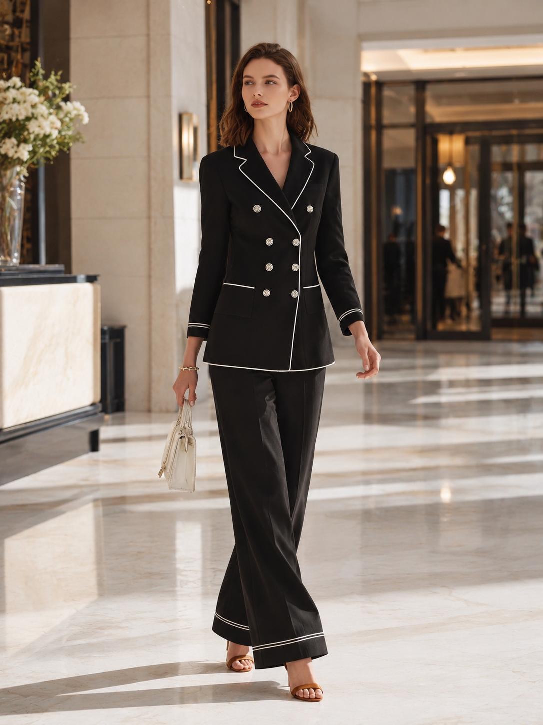 Black-and-white Color-block Suit Set With Elegant Lines