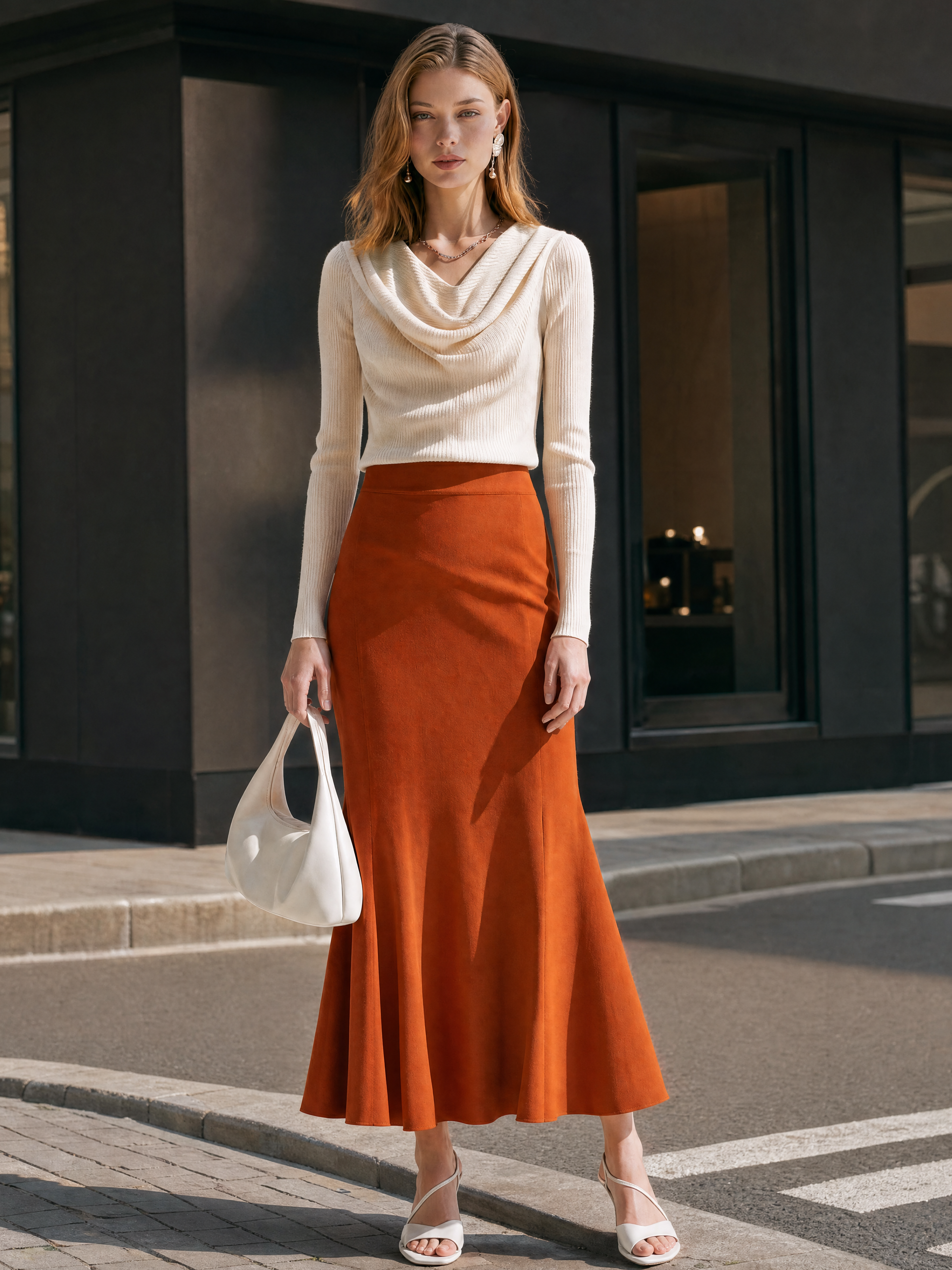 Elegant Ribbed Knit Top And Caramel Orange Midi Skirt Set