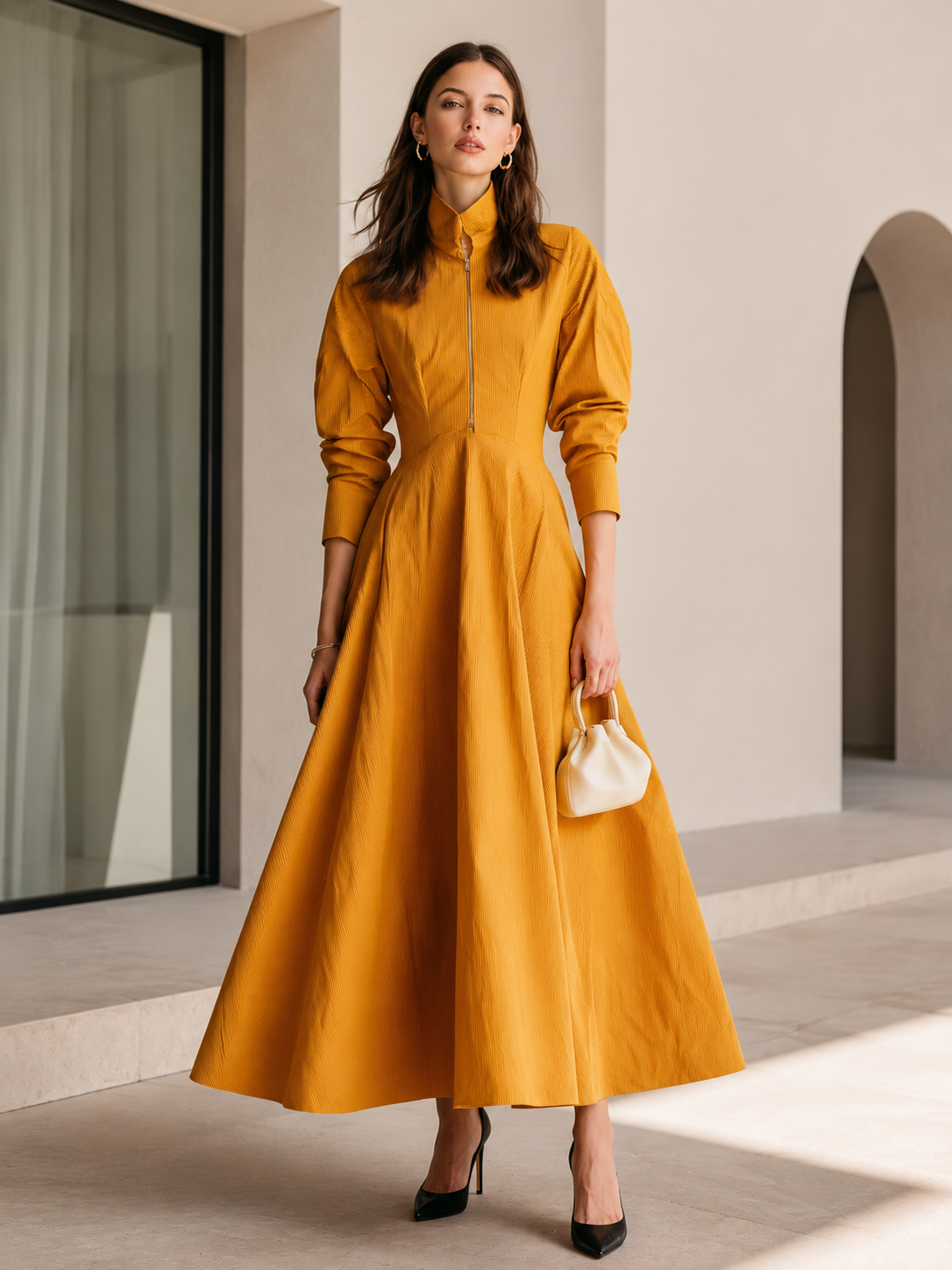 Mustard Yellow Stand-collar Zip-front Dress