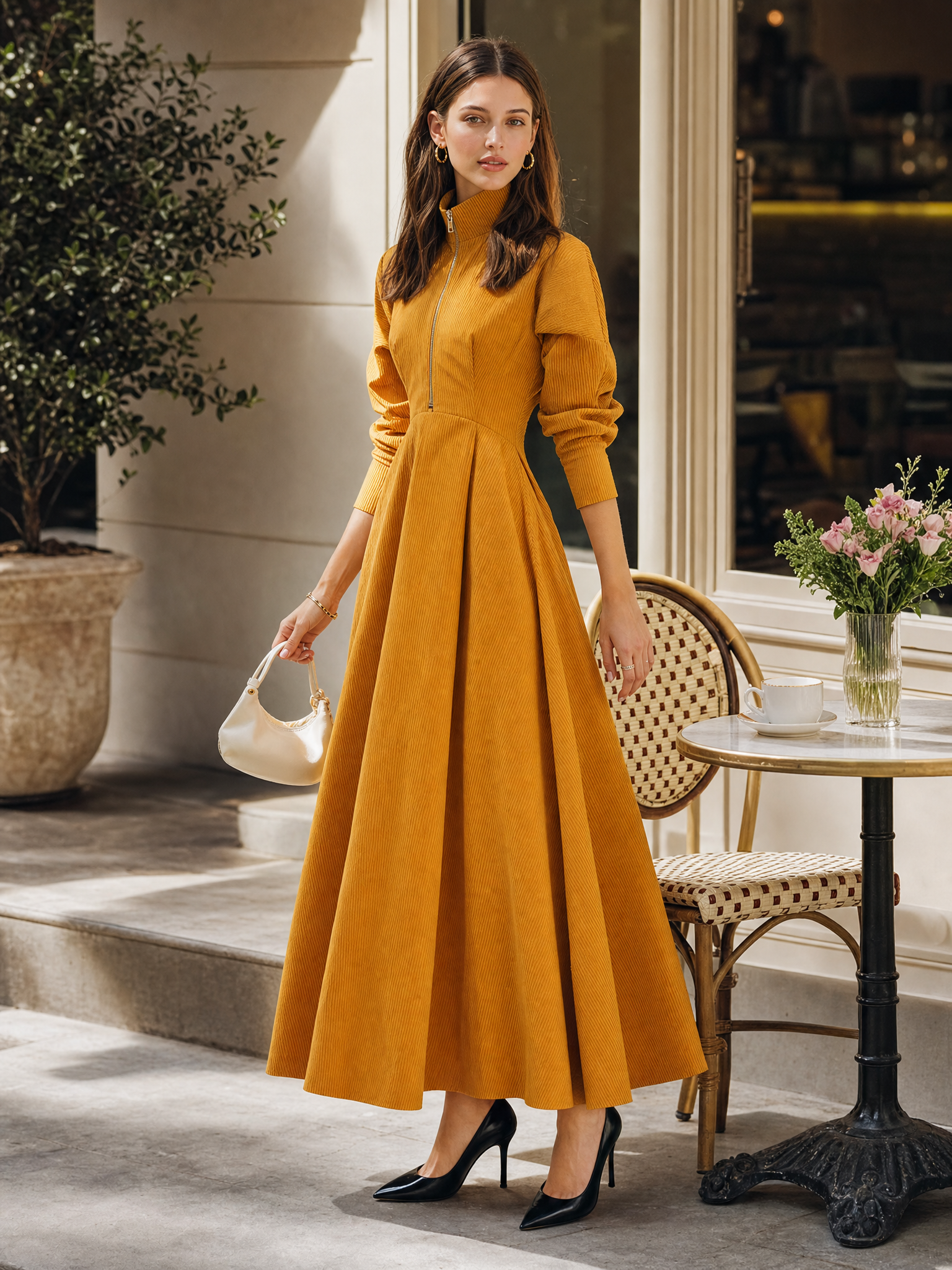 Mustard Yellow Stand-collar Zip-front Dress