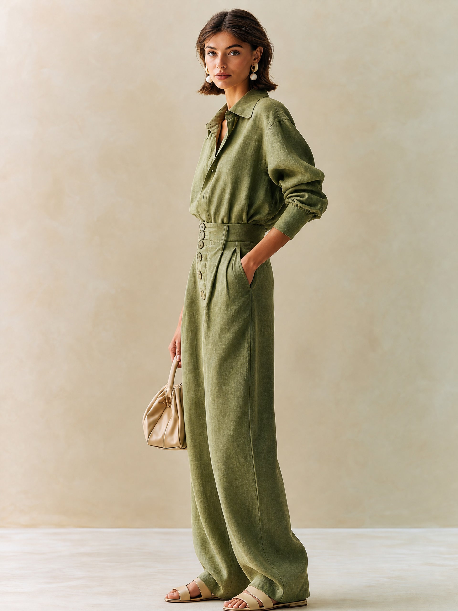 Elegant Sage Green Set:Long Sleeve Shirt & High Waist Wide Leg Trouser