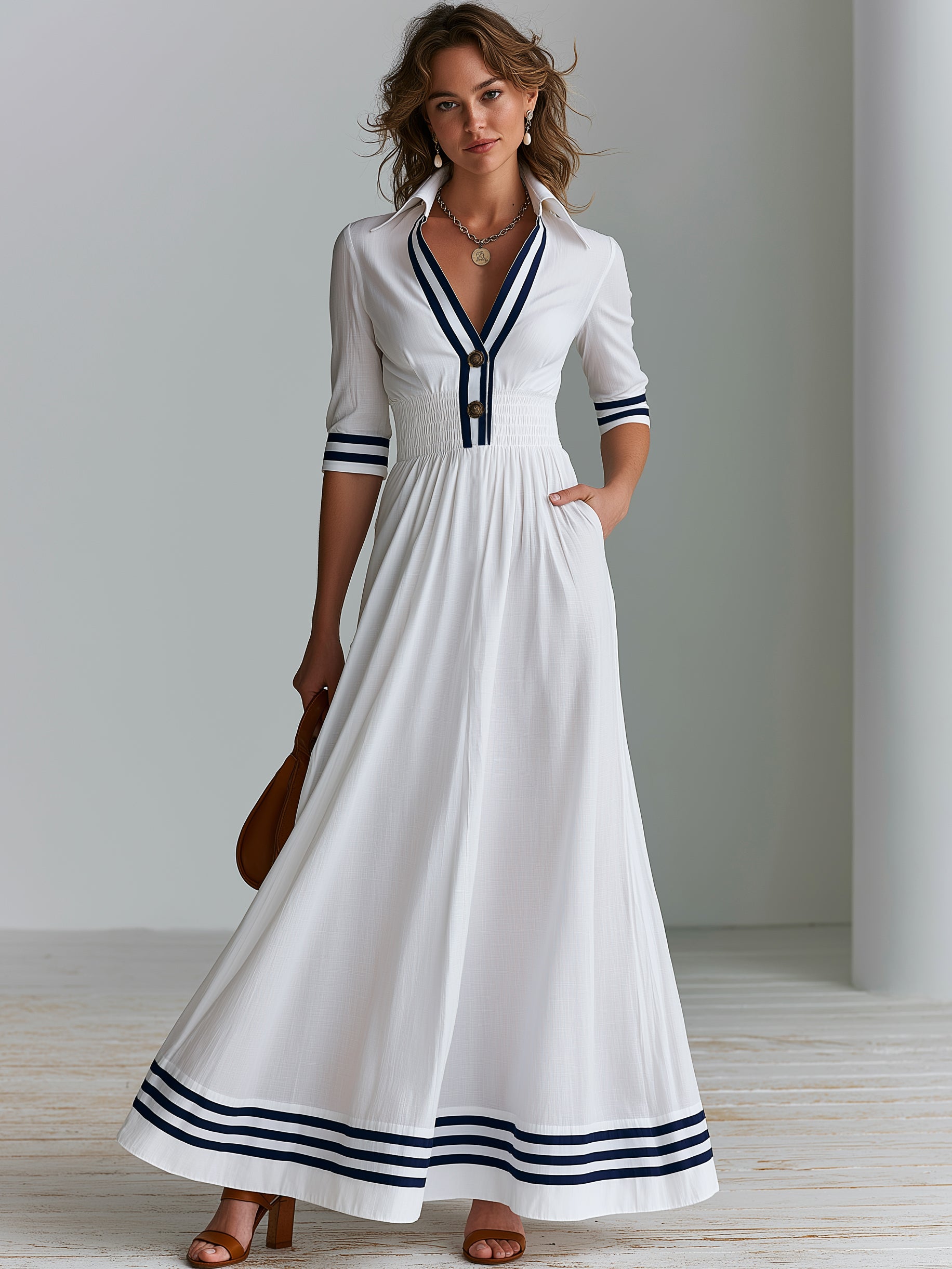 Elegant Cotton Mid-Length Sleeve Navy Striped Trims Flowing Maxi Dress