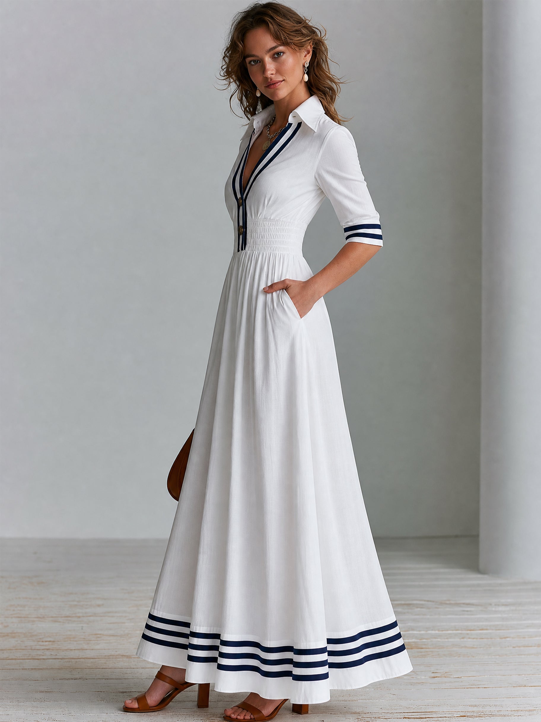 Elegant Cotton Mid-Length Sleeve Navy Striped Trims Flowing Maxi Dress