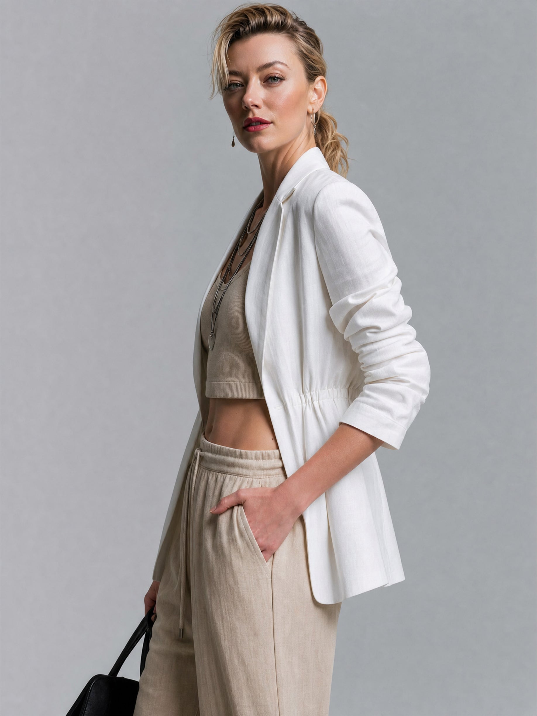 Elegant Linen Jacket With Cinched Drawstring Waist & 3/4 Length Sleeves