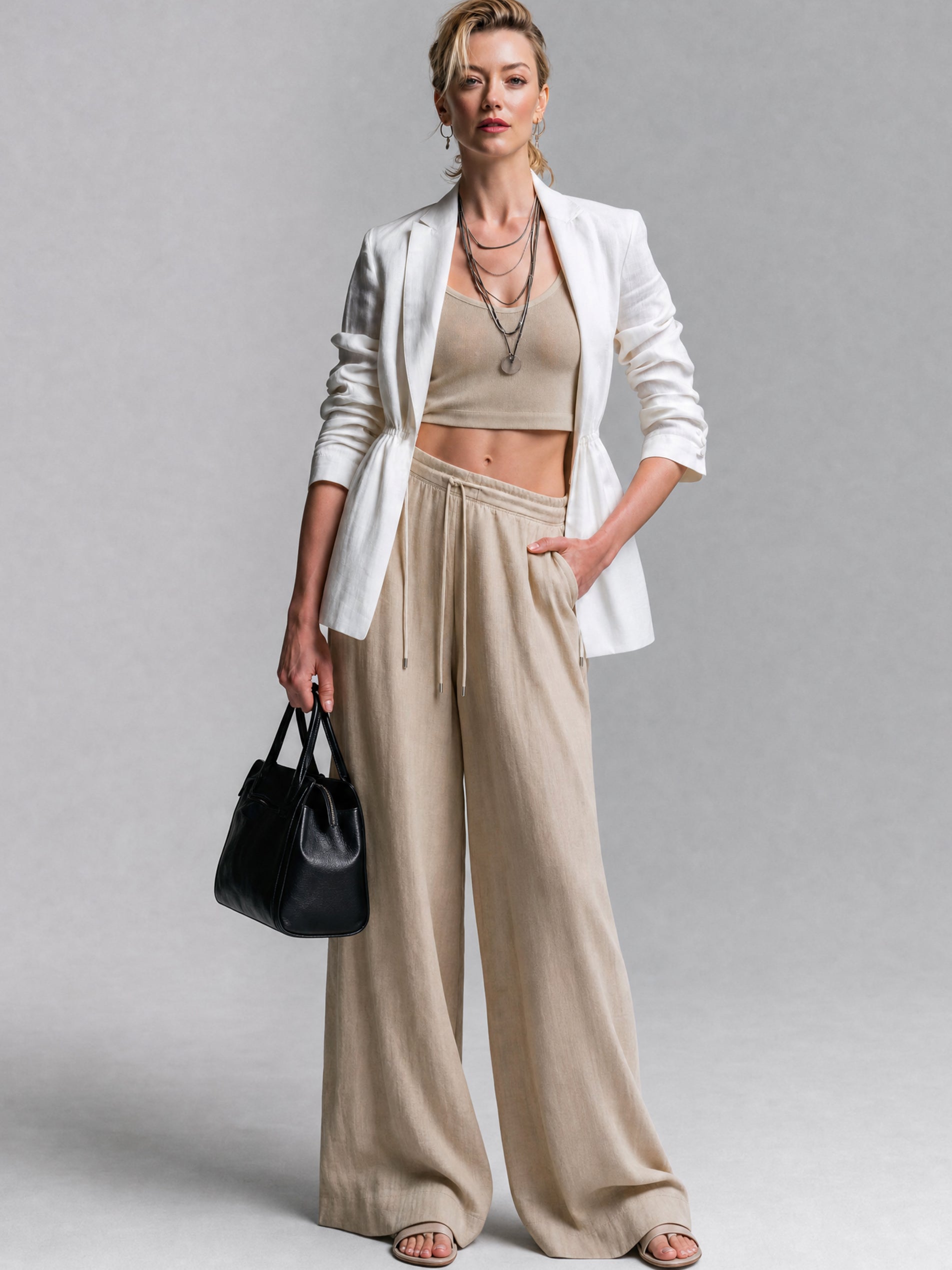 Elegant Linen Jacket With Cinched Drawstring Waist & 3/4 Length Sleeves