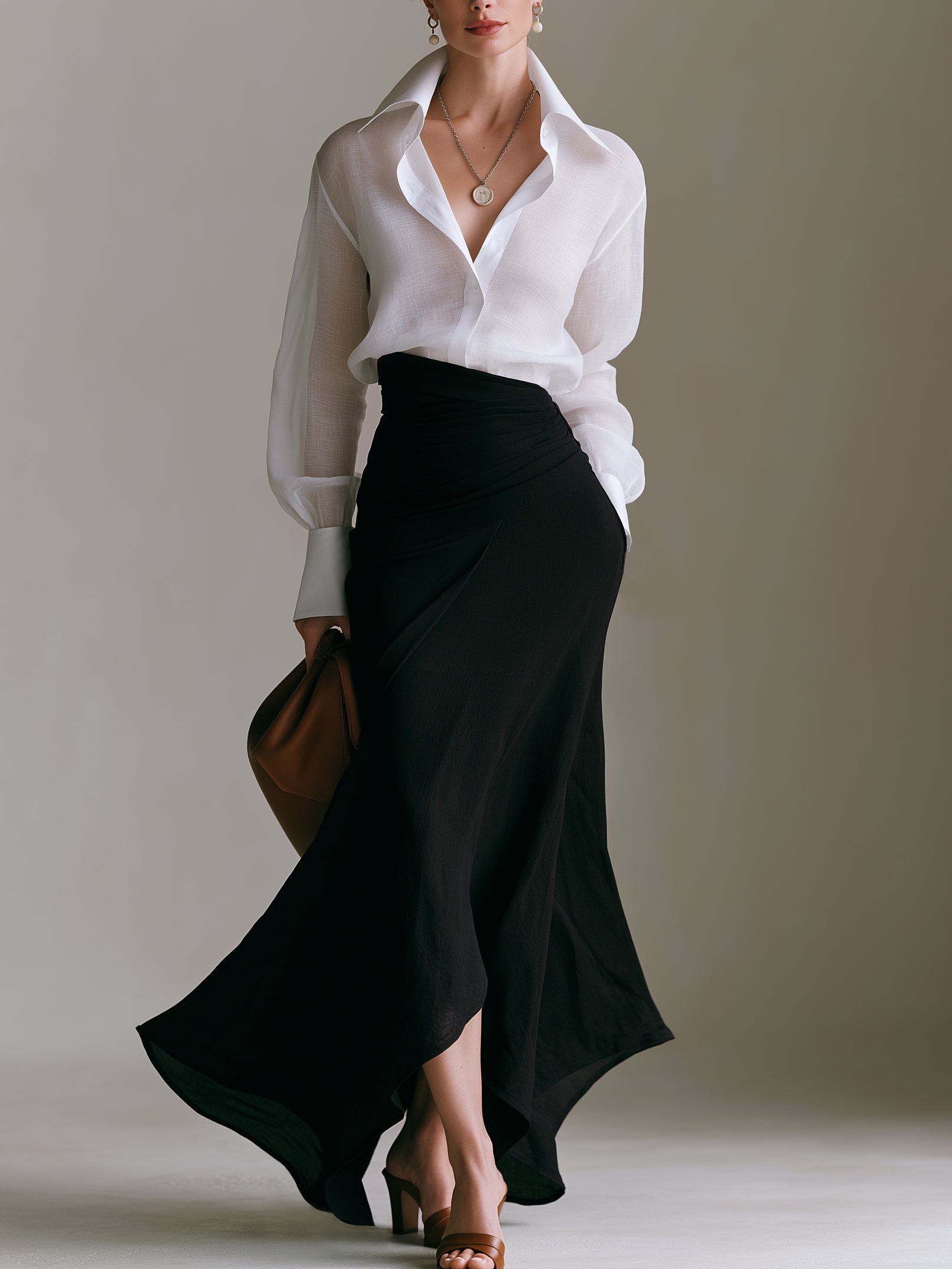 Elegant White Sheer Shirt & Black Wrap Midi Skirt Set