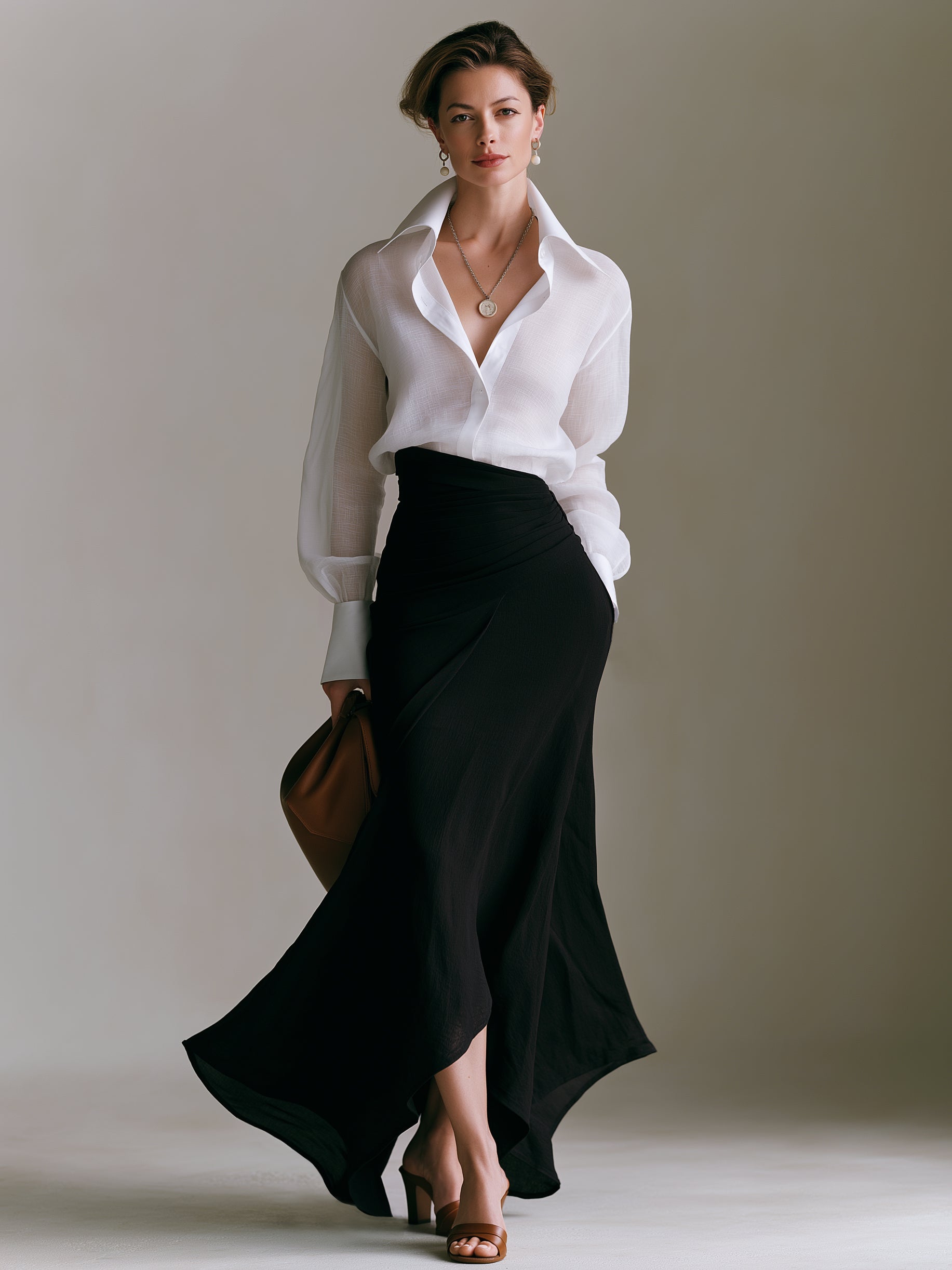 Elegant White Sheer Shirt & Black Wrap Midi Skirt Set