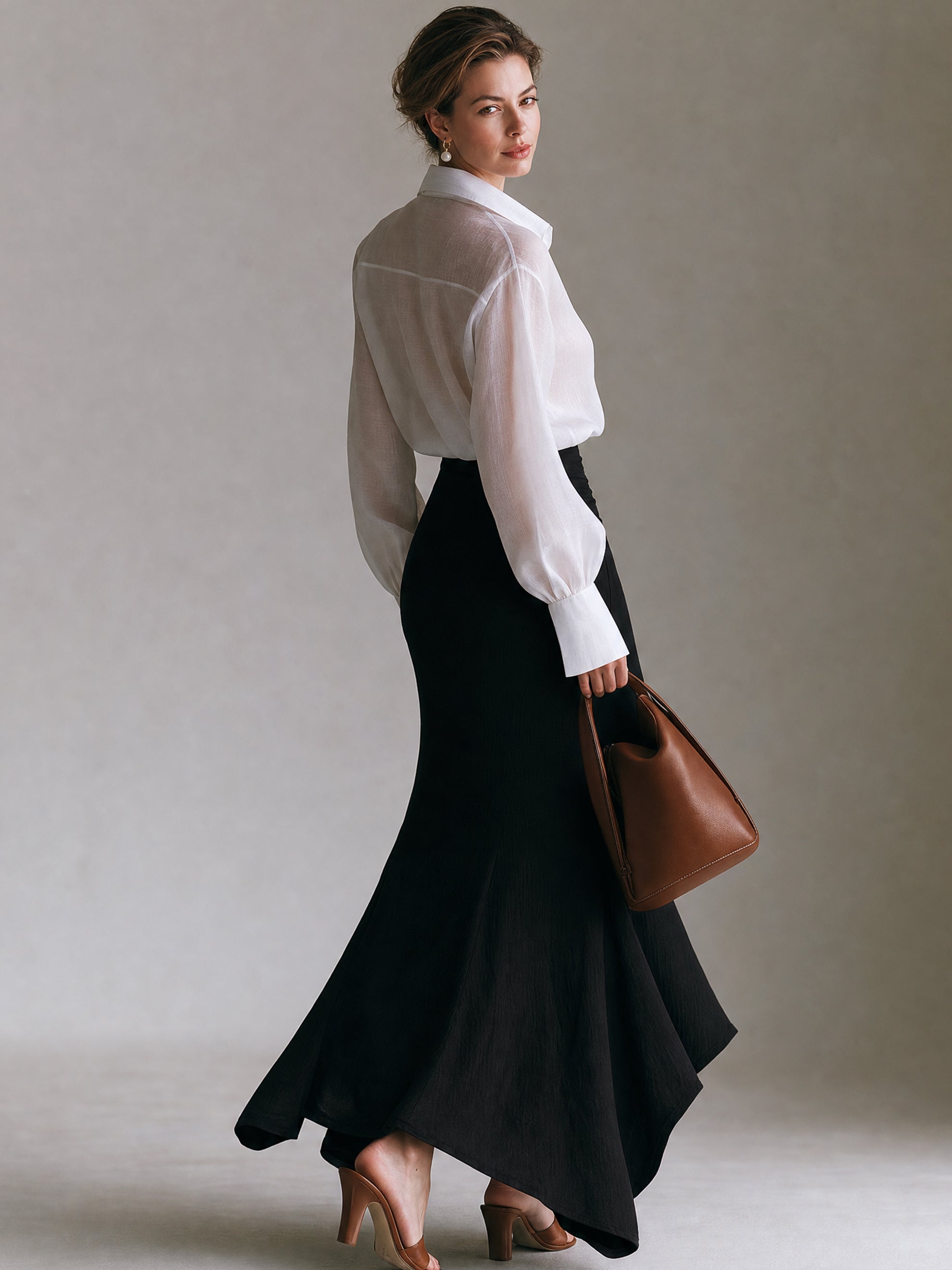 Elegant White Sheer Shirt & Black Wrap Midi Skirt Set